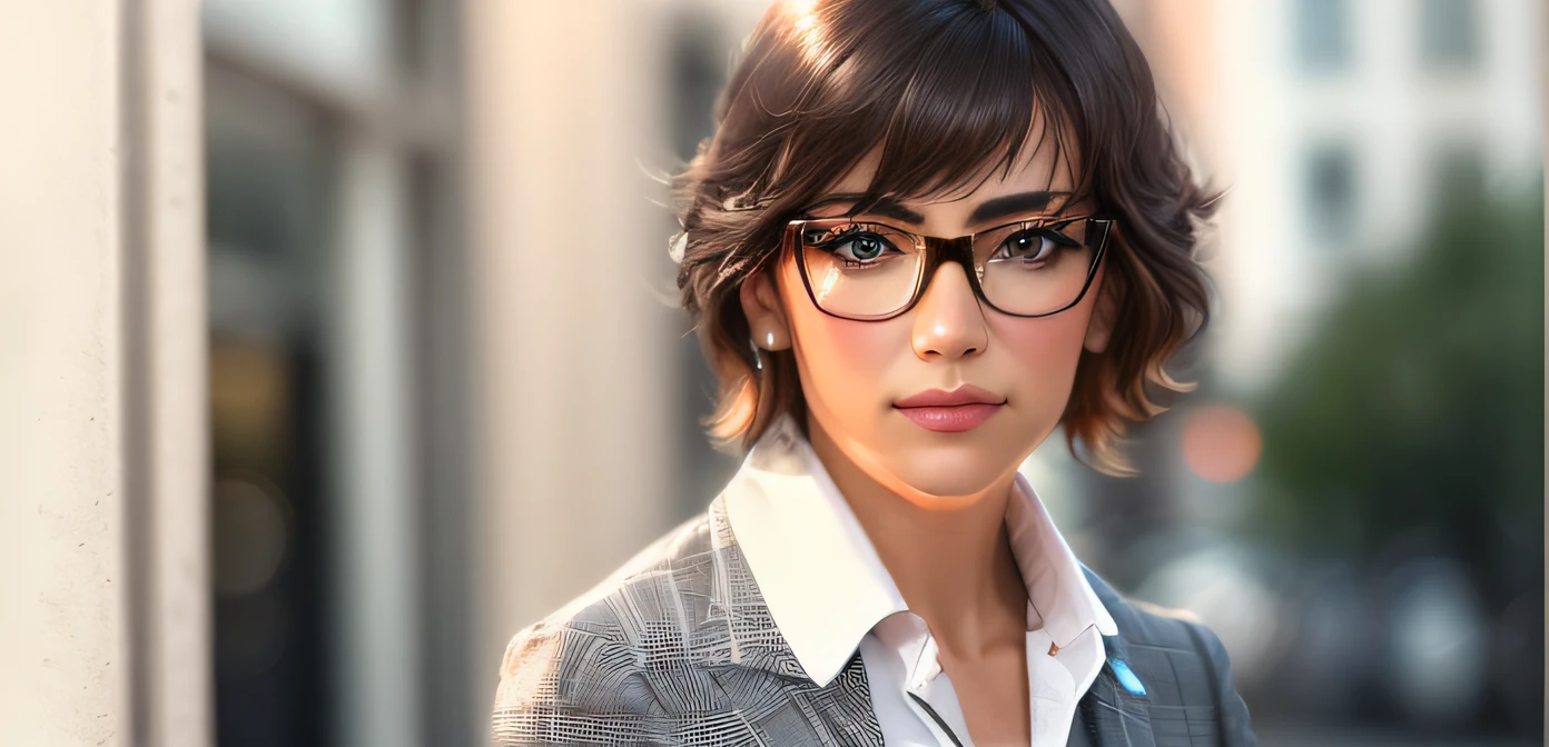 A closeup of a woman wearing glasses and a suit,