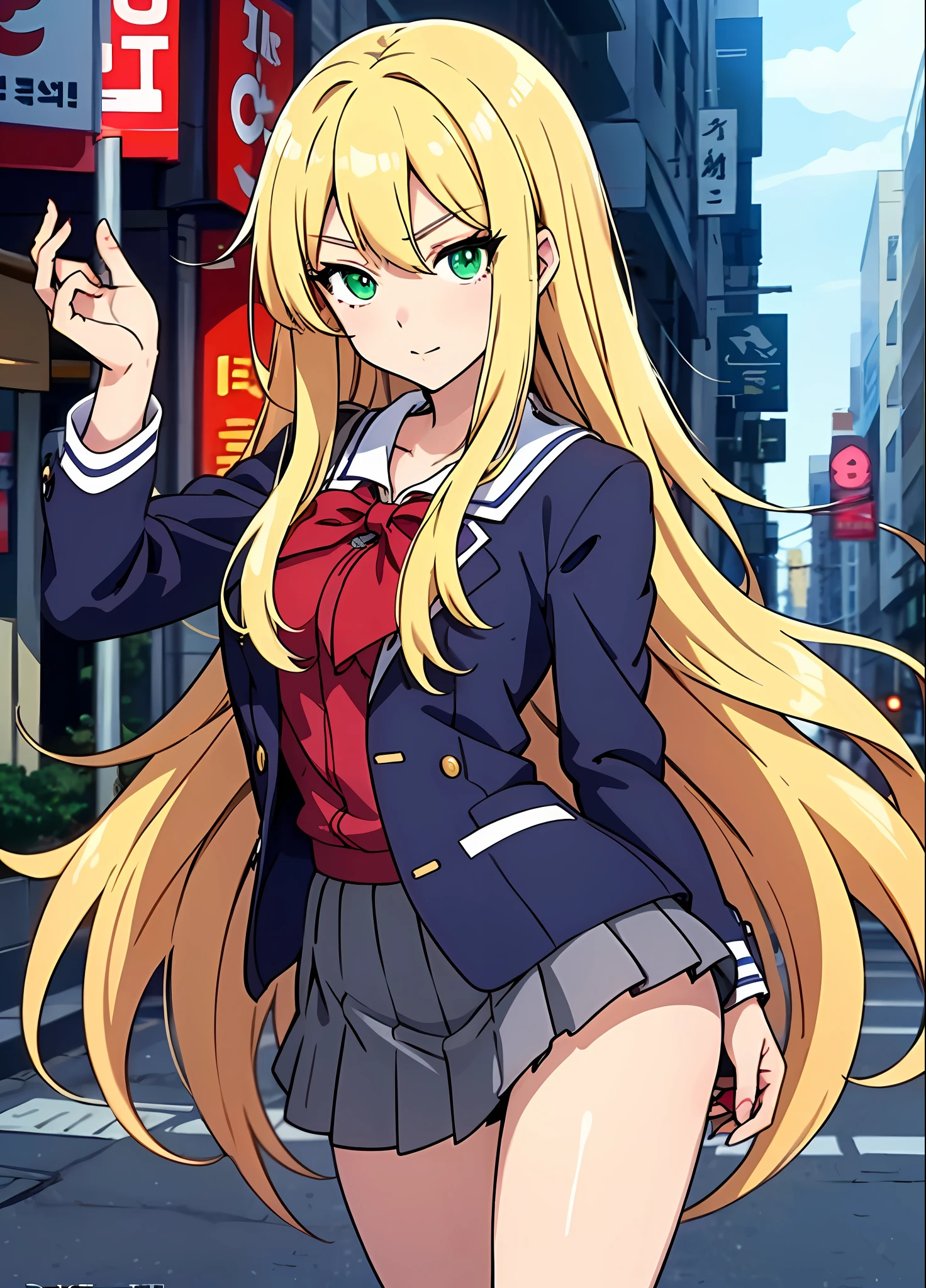 Young woman 22 years: 1.3, Blonde hair fulfilled: 1.2, Tall: 1.2, Occupation: 1.2, Daytime: 1.2, On the street: 1.2, Movie lighting, Best quality, 8k A cartoon girl with long blonde hair, (green eyes, beautiful eyes, eye highlights, sharp eyes) blonde anime girl with long hair, female anime character, anime character, (anime girl),  **** in a simple school uniform, gray social school uniform, she has blonde hair, anime style (best quality) Korean girl, seductive look, sexy, ((mysterious look))