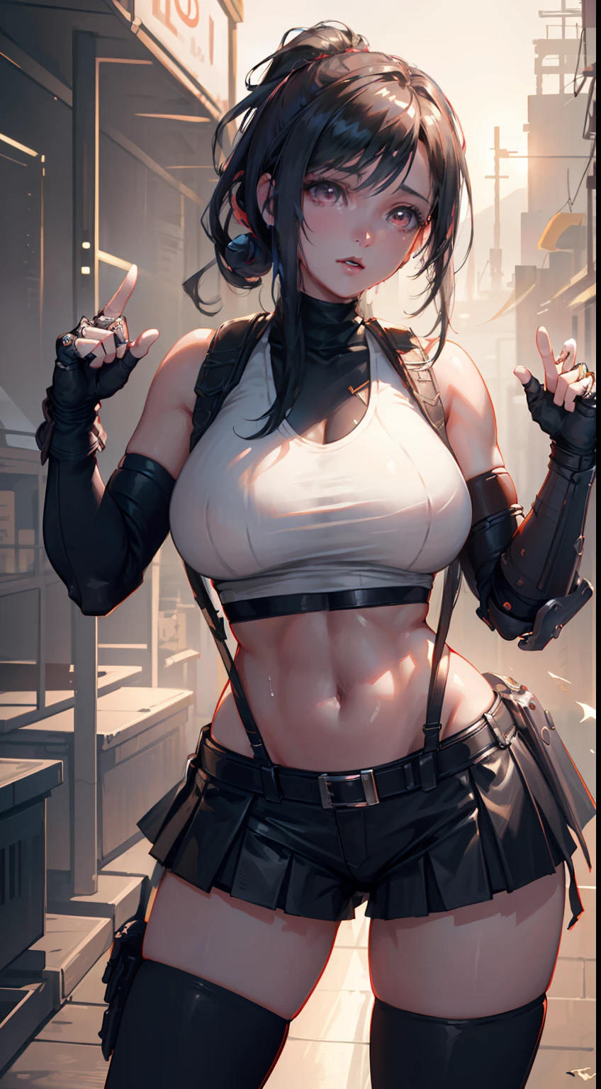 Unreal Engine 5 Realistic Render, (masterpiece, best quality), intricate details, (Best quality)), ((masterpiece)), ((realistic)), (hyperrealism:1.2), (fractal art:1.2), 
1girl, 7rtifa, crop top, arm guards, fingerless gloves, suspenders, pleated miniskirt, black thighhighs, red boots 
extreme detailed eyes, colorful, highest detailed, 
vibrant colors, high contrast,
(8K UHD:1.2), (photorealistic:1.2), beautiful face, top body is hyper realistic thicc muscle and hyper largest_breasts!! with the type of boobs_melons, lower is huge buttocks, wet shiny body