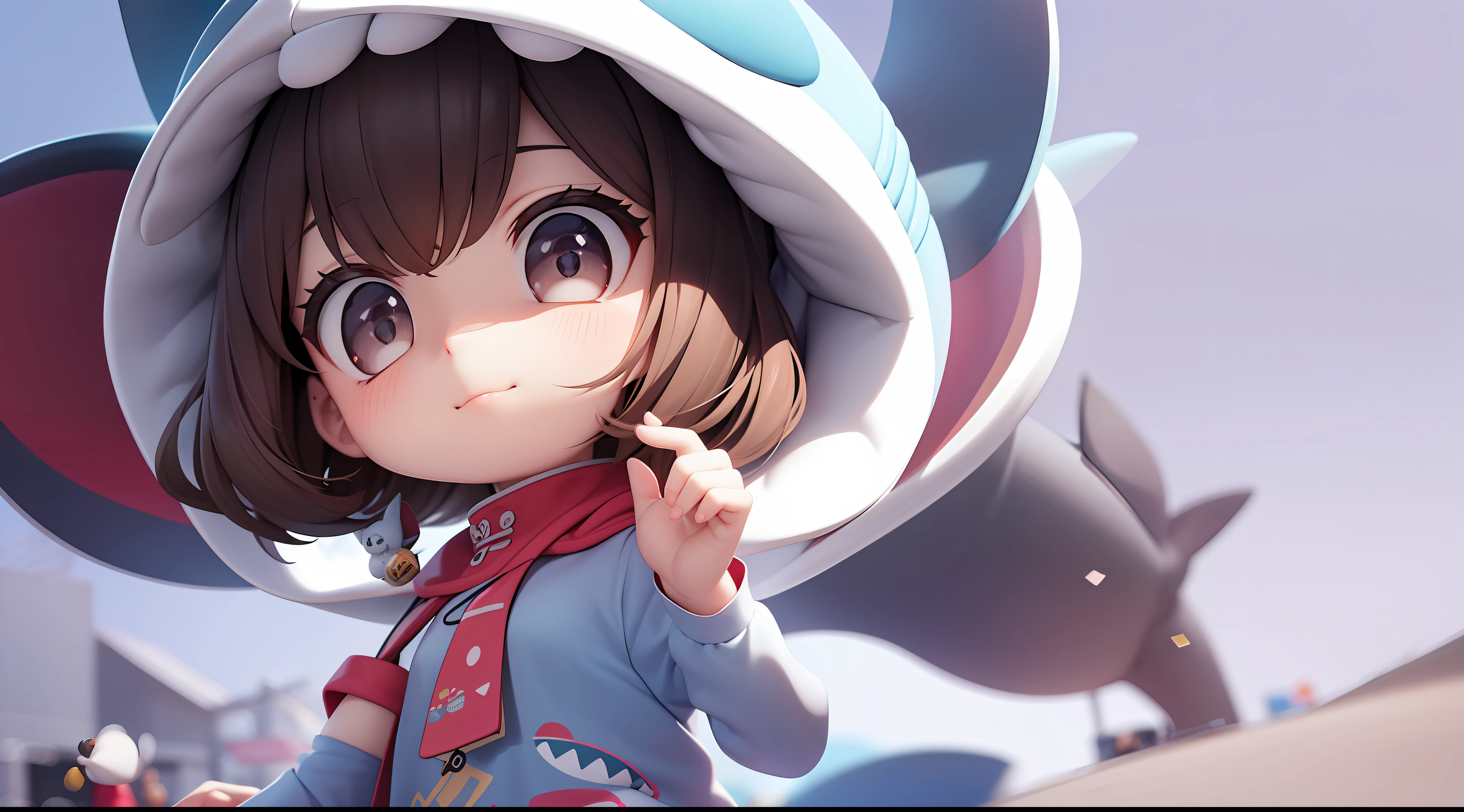 PopMart blind box IP, Chinese zodiac, super cute girl wearing shark hoodie , technological elements, fashionable clothes, streamlined 3D/C4D production: 8K HD picture quality/lighting/ultra-fine lens depiction 1.5, flawless, chibi background/cinematic sense.