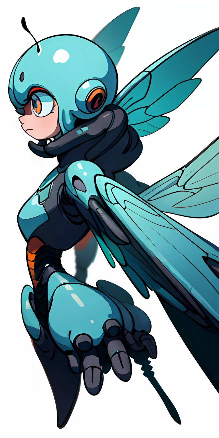 "2D illustration of an alien creature in line art style on a white background, with large eyes and insect wings. Designed as a character for a video game, side view."