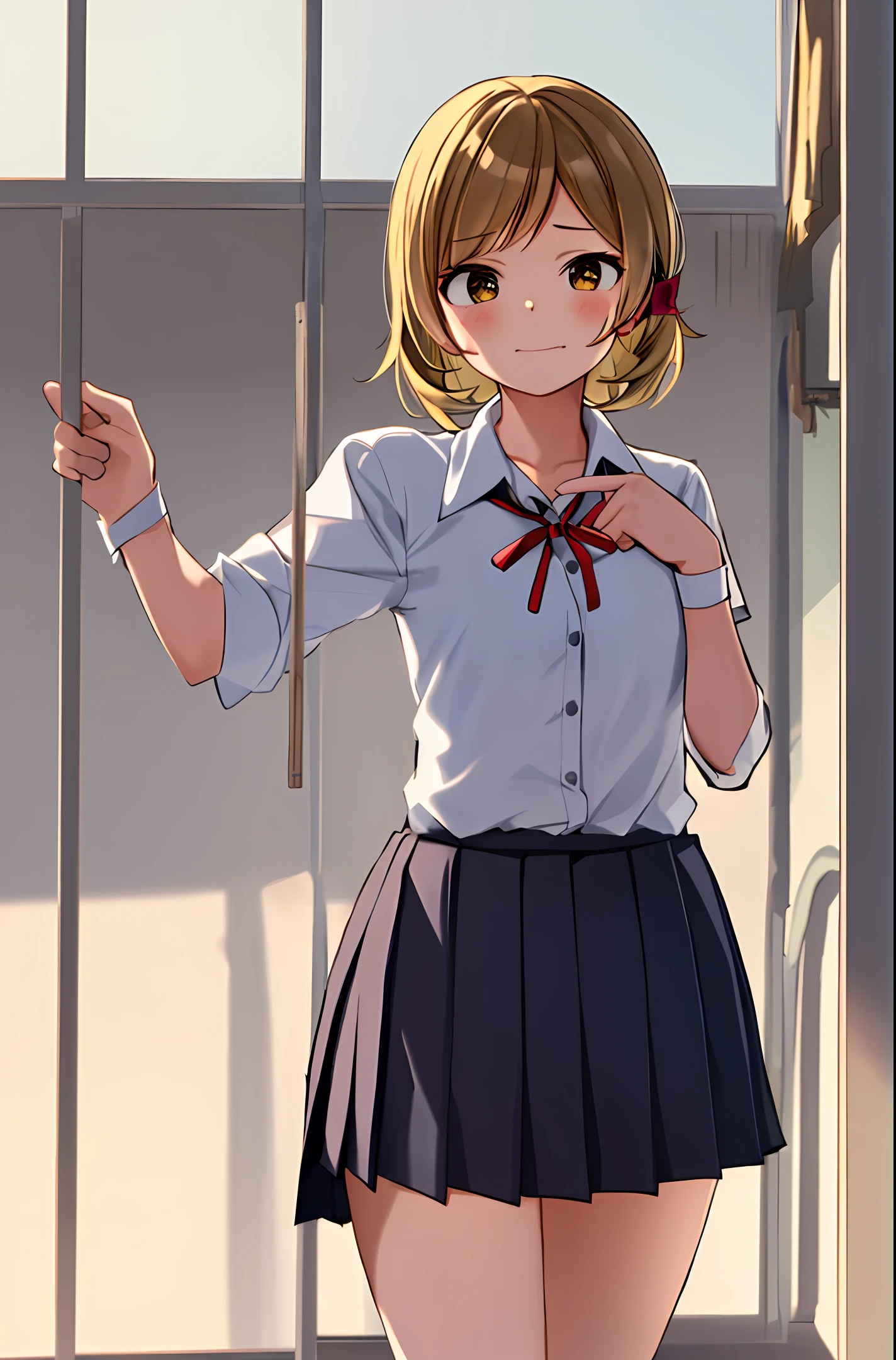 1girl, solo,(best quality),(masterpiece:1.1),Koizumi Hanayo ,(school uniform:1.4),dress, looking_at_viewer, neck_ribbon, cute, clear facial skin,