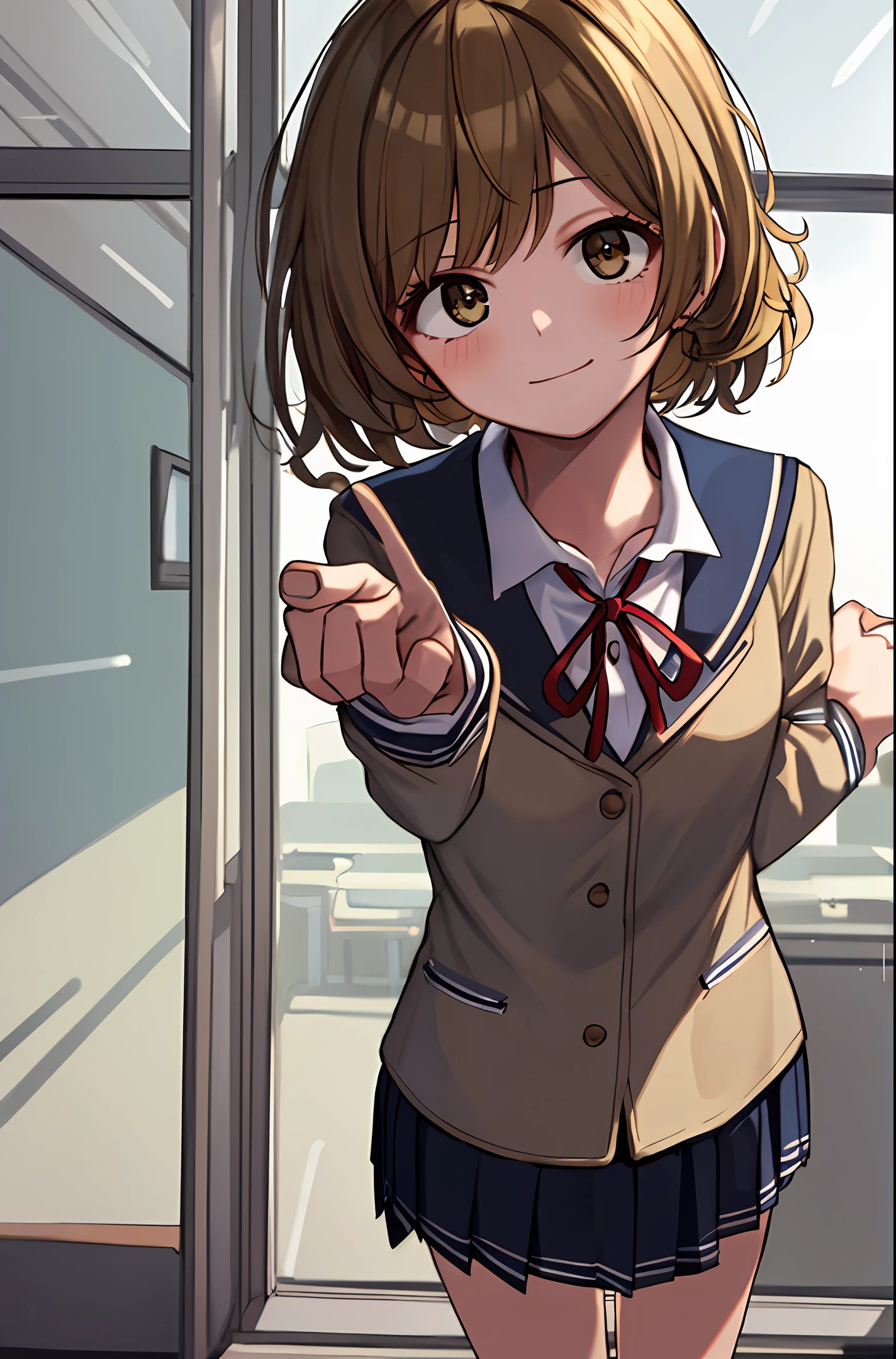 1girl, solo,(best quality),(masterpiece:1.1),Koizumi Hanayo ,(school uniform:1.4),dress, looking_at_viewer, neck_ribbon, cute, clear facial skin,