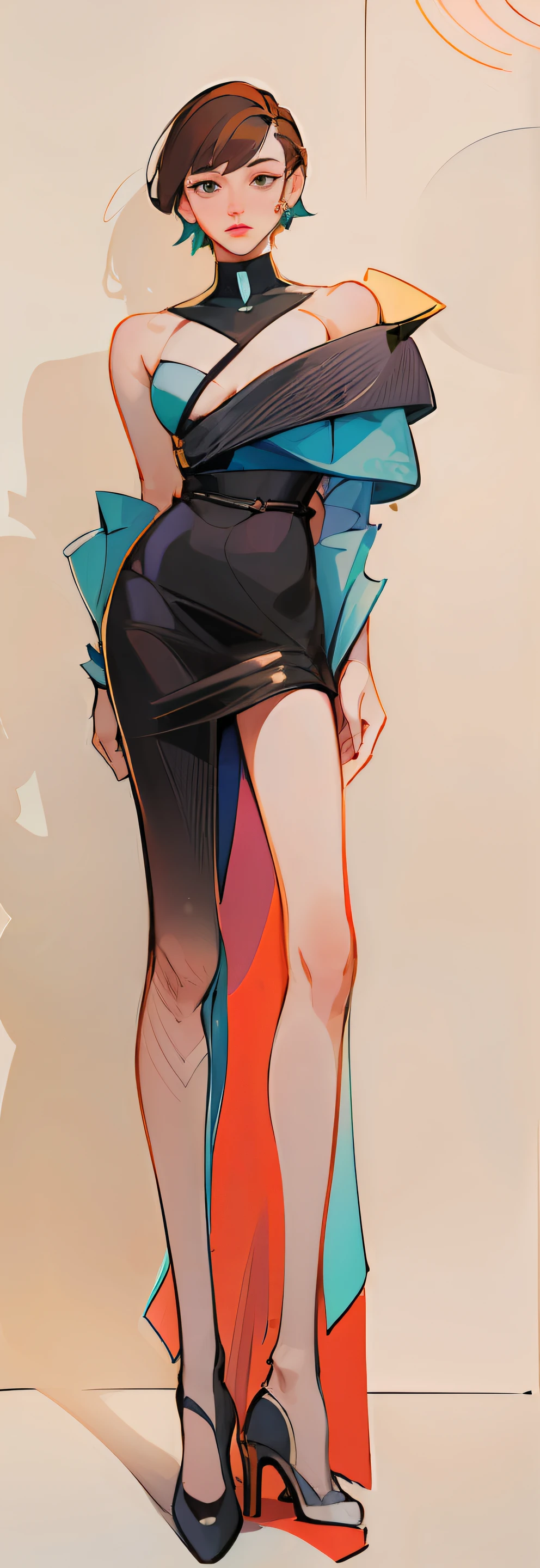 white background, gongbihua, a drawing of a woman in a dress with short hair, black dress, brown hair, black high heels, by Tsubasa Nakai, detailed fashion illustration, by Olivia Peguero, by Sergio Burzi, inspired by Chantal Joffe, fashion study, elegant drawing, fashion illustration, by Miroslava Sviridova, by Silvia Dimitrova, by Silvia Pelissero, issey miyake