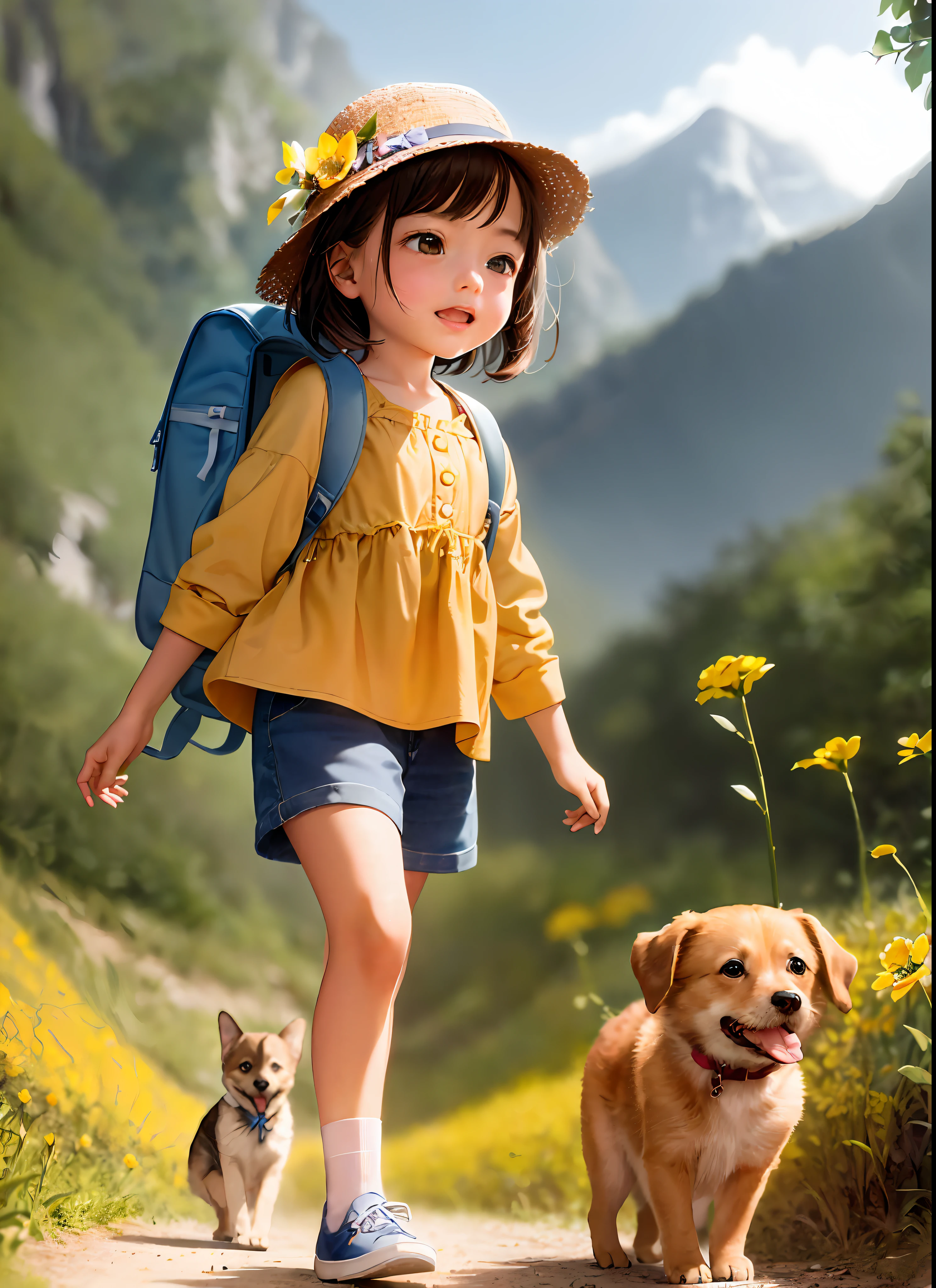 A charming with a backpack is enjoying a cute spring outing surrounded by beautiful yellow flowers and nature with her cute puppy. The illustration is a high-definition illustration in 4k resolution with highly detailed facial features and cartoon-style visuals, (Butterfly Dance)