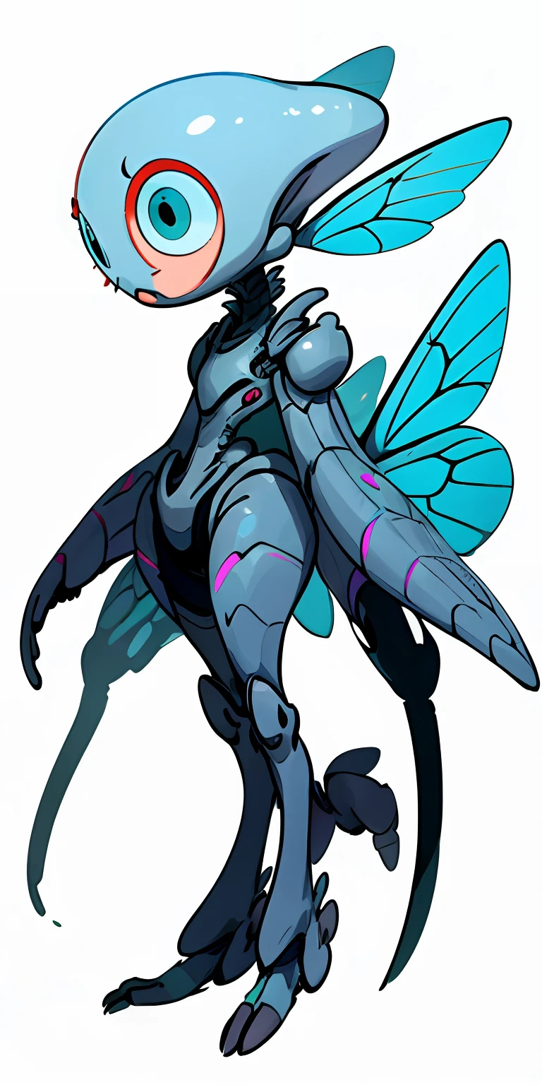 "2D illustration of an alien creature in line art style on a white background, with large eyes and insect wings. Designed as a character for a video game, side view."