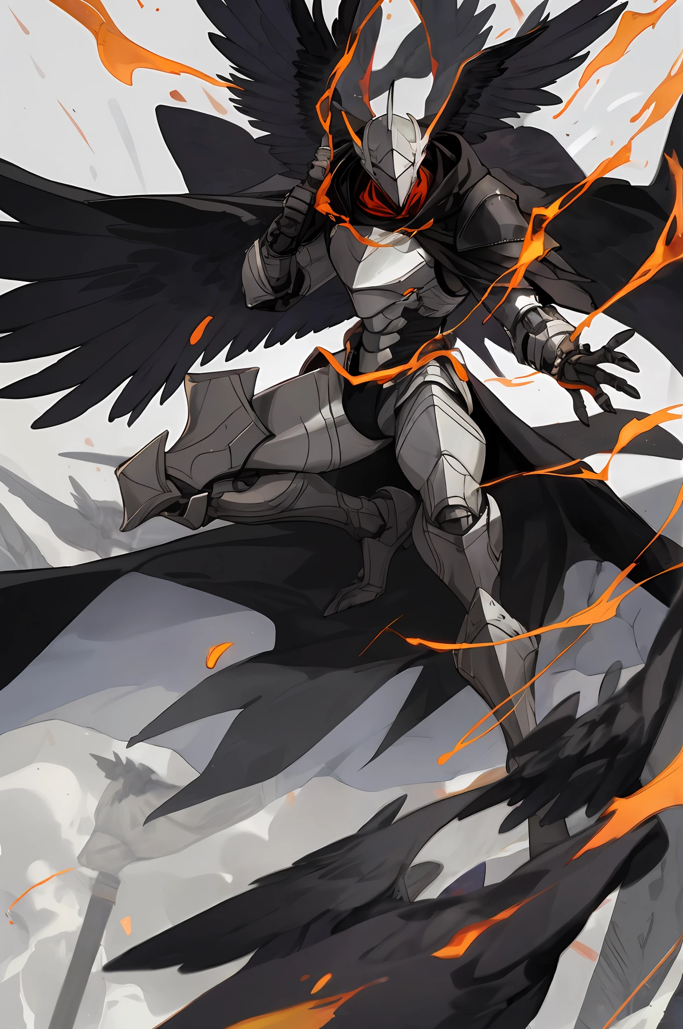 Black armored knight, perfect details, strong male figure, wearing black magic armor, black hood, holding a black broadsword, white flames lingering on the iron suit, mighty standing posture, cape fluttering, carrying three pairs of crow wings, like a god.