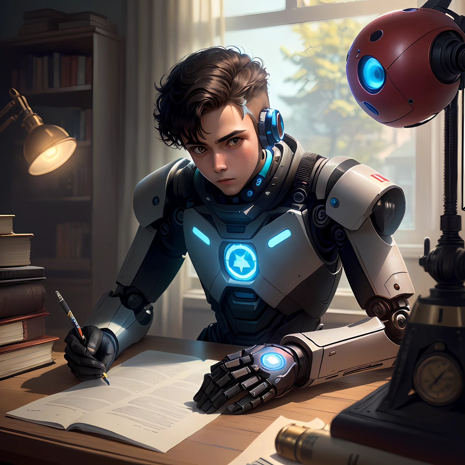 A kid studying and on his desk a kvr robot from love death and robots