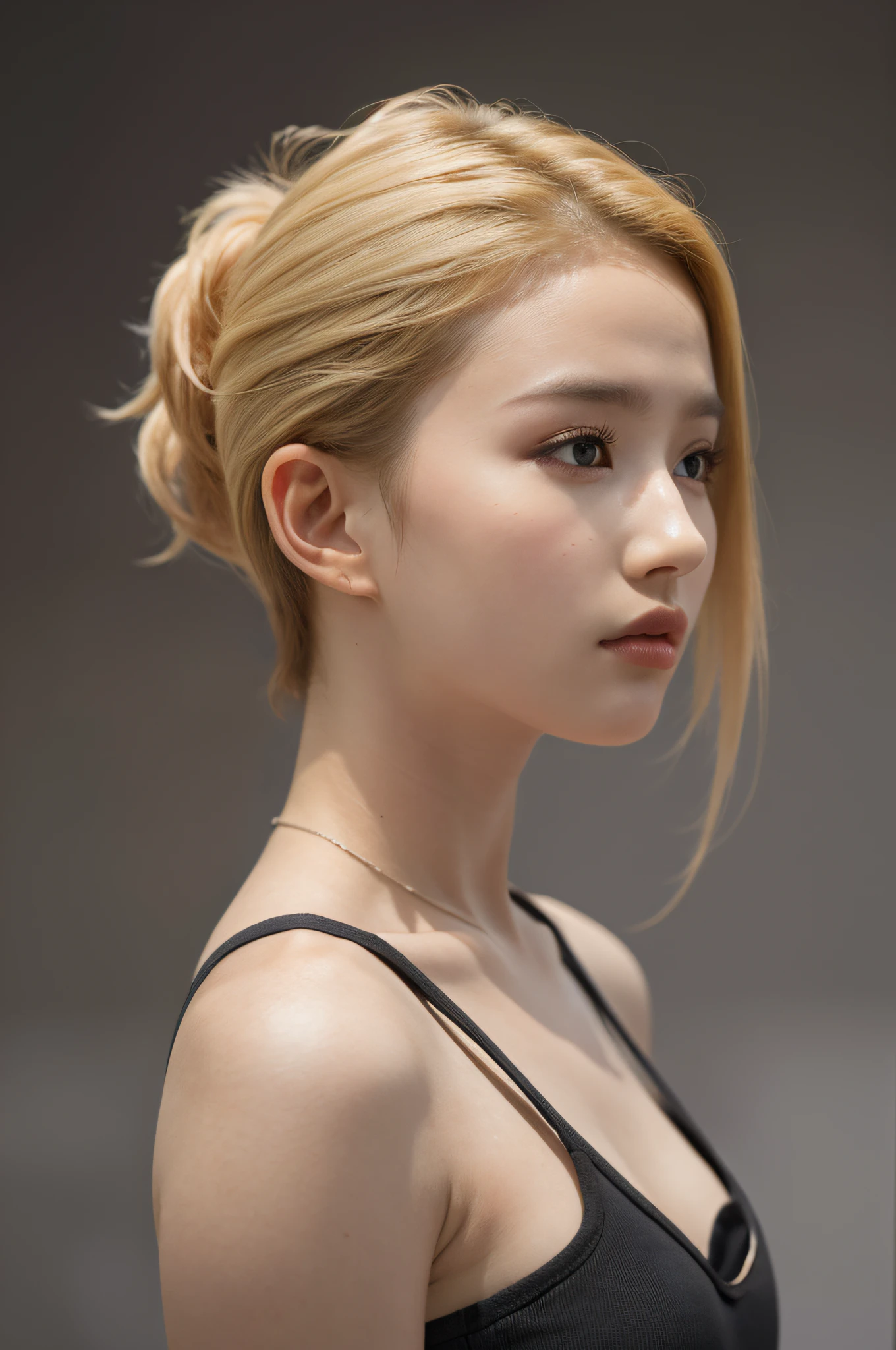 a 20 yo woman, blonde, (hi-top fade:1.3), dark theme, soothing tones, muted colors, high contrast, (natural skin texture, hyperrealism, soft light, sharp)