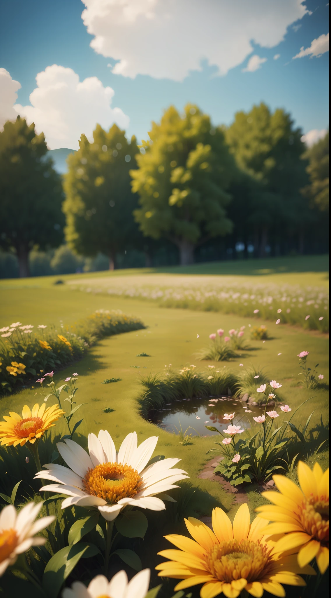 A landscape painting, Petals float in the sky, grass field, flowers, Perfect quality, Clear focus (clutter - home: 0.8), (Masterpiece: 1.2) (Realistic: 1.2) (Bokeh) (Best Quality) (Detailed skin: 1.3) (Intricate Details) (8K) (Detail Eye) (Sharp Focus), (Happy)