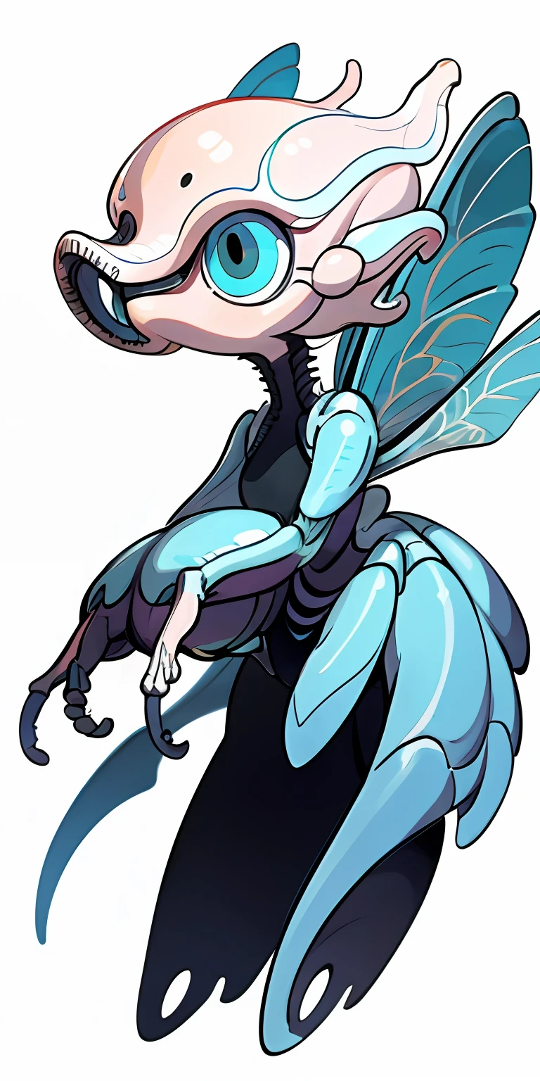 2d illustration, Alien creature, line art, white background, big eyes, video game character, side view, with insect wings