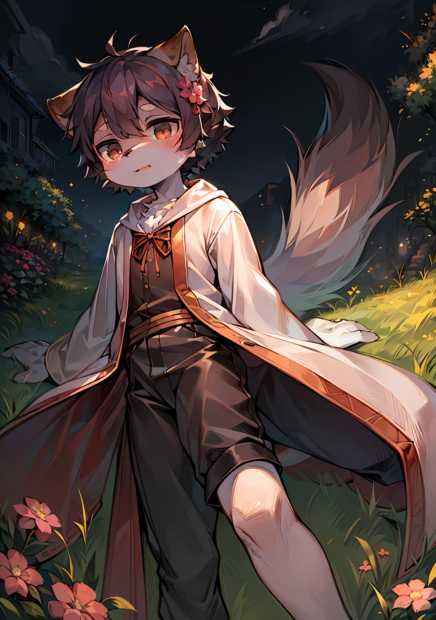 (Bright Environment: 0.8), Masterpiece, High Quality, Abstract Res, Digital Painting\(Artwork\), by Dagasi, Yupa, Kiyosan, (Anthro, Fluffy Fur, Character Focus: 1.1), Anthro Male Cat, Short Hair, Portrait , bright eyes, panorama, character focus. (Detailed background: 0.7), Furry, Furry male, Male focus, Anthr, (full body fur, fluffy tail, off-white fur,, curly grass pattern, black eyes, no hair: 1.2), (long canine, junior high school student, robes: 1.2), (flower sea, tang horizontal knife: 1.1)