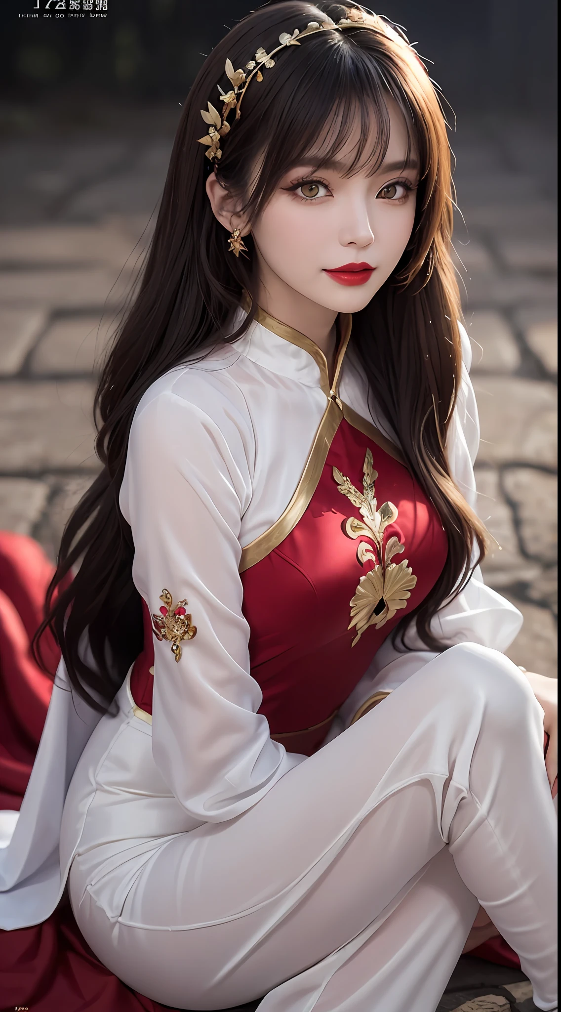 1 27-year-old girl, 1 zodiac goddess from the future, 12 zodiac goddess pink purple, 12 zodiac goddess wearing a long dress and tight red and white silk pants and pants ao dai 12 zodiac with many details in black lace, long dress in thin fabric, mythological goddess of the 12 zodiacs from the future, zodiac ♏, luxury sparkling zodiac style, the dark and mysterious version, the scarf pile of the zodiac that fits the head of the zodiac goddess, the red lipstick, the thin and beautiful lips, the smile that captivates the viewer, the character created by karol bak and pino daeni, chi intricate details, detailed background, extremely detailed, light magic, a woman wearing long silk clothes, clear face, long hair with flat bangs, beautiful face in every detail detailed and well-proportioned eyes, (transparent golden eyes: 1.8), big round eyes and very beautiful and detailed makeup, foresight, long silk clothes, mysterious makeup, side bangs and dyed blonde pale, upper half portrait, zodiac goddess portrait, arms hanging loose, Realistic and vivid photo, (stars that make up the zodiac: 1.7), (fictional zodiac sky background: 1.8), fiction art, RAW photos, hanfu photos, best photos, best quality photos, 8k quality, 8k ulta, super realistic, truest photos,