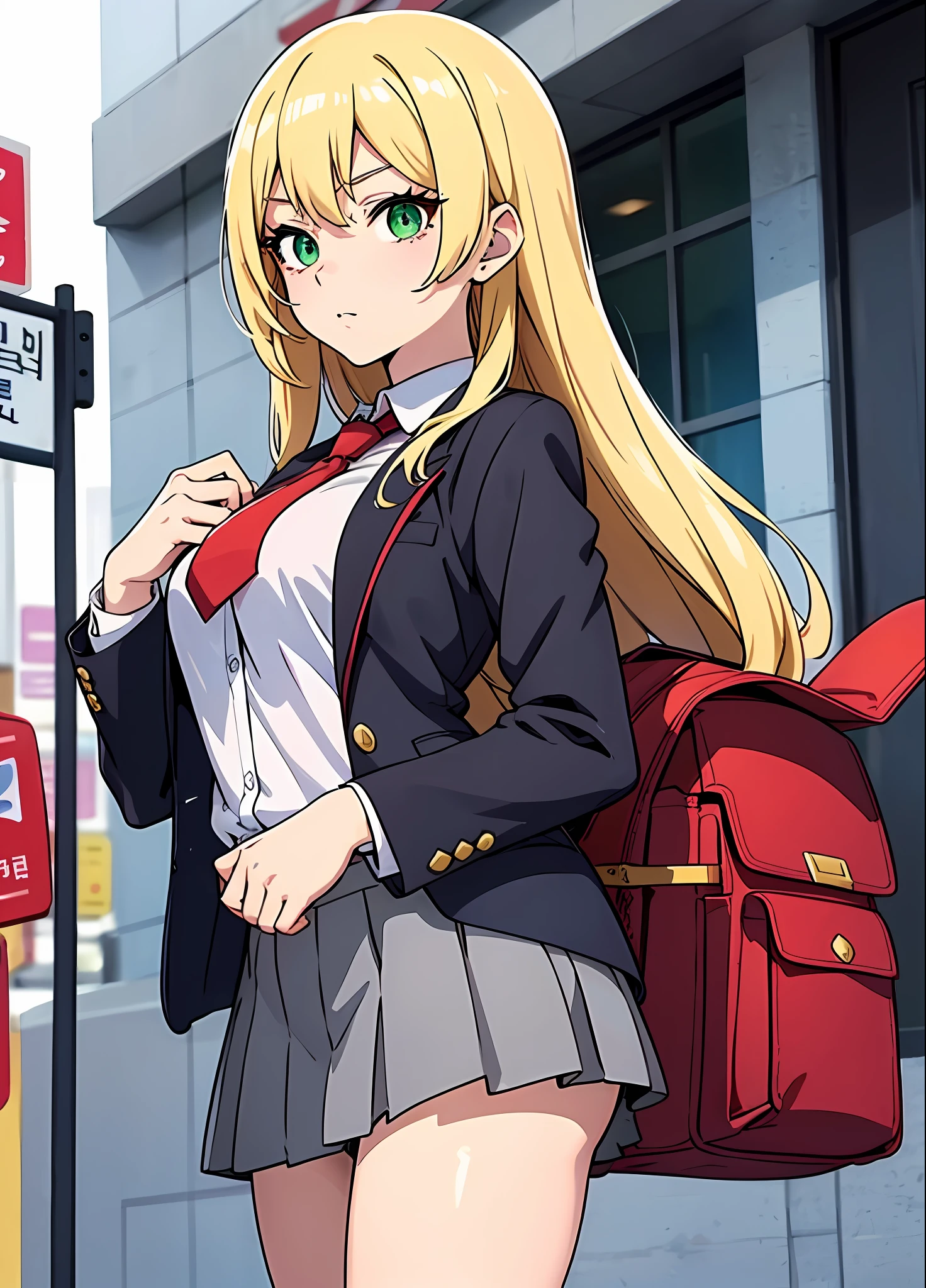 Young woman 22 years: 1.3, Blonde hair fulfilled: 1.2, Tall: 1.2, Occupation: 1.2, Daytime: 1.2, On the street: 1.2, Movie lighting, Best quality, 8k A cartoon girl with long blonde hair, (green eyes, beautiful eyes, eye highlights, sharp eyes) blonde anime girl with long hair, female anime character, anime character, (anime girl),  Loli in a gray social school uniform, gray blazer, white shirt and gray tie, she has blonde hair, anime style (best quality) Korean girl, seductive look, sexy, ((mysterious look)) standing with red backpack on her back (red backpack)