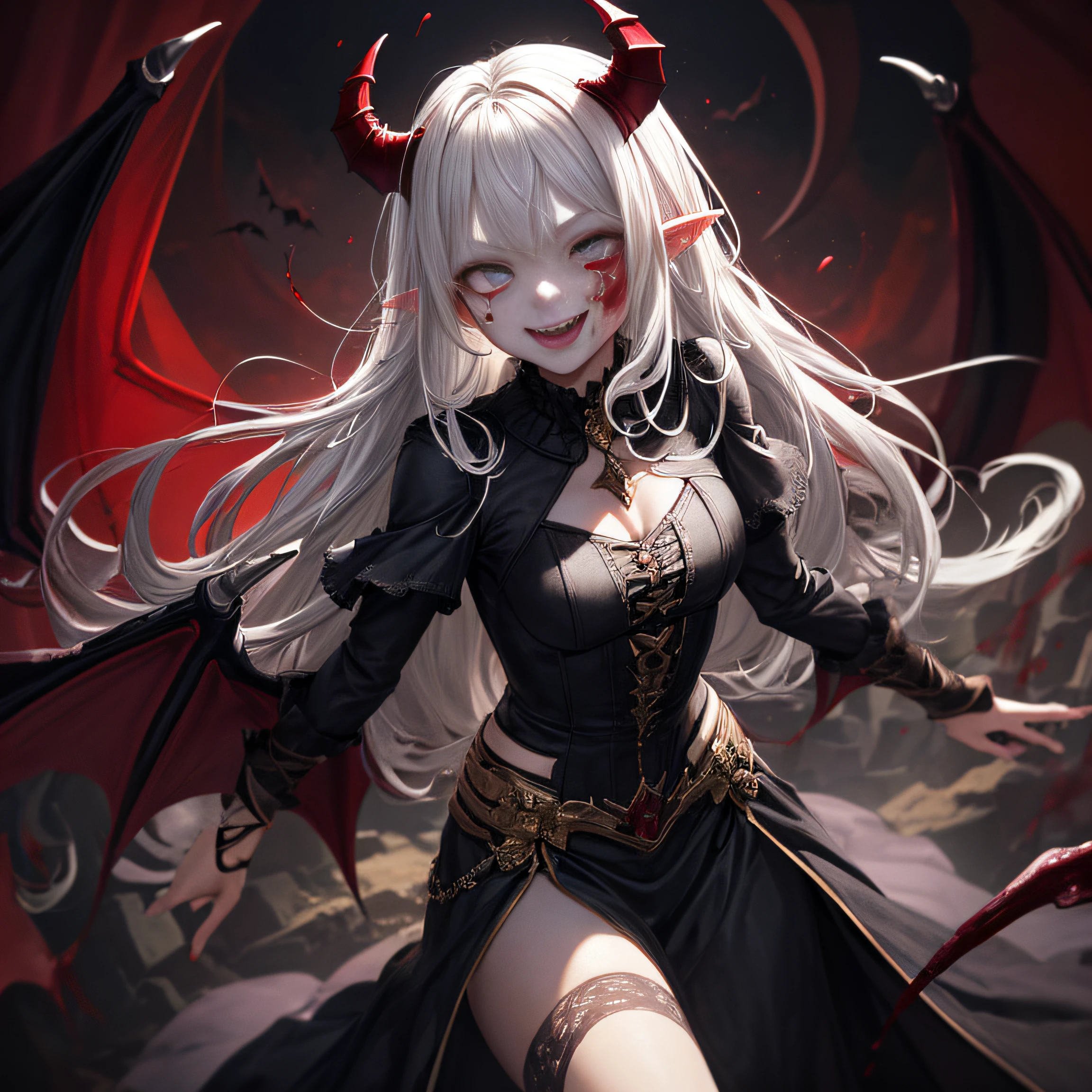 (Masterpieces: 1.2, highest quality), (Best lighting, very delicate and beautiful), (Best lighting, very delicate and beautiful), (Beautiful Detailed Face), (Detailed Eyes and Detailed Faces: 1.2), Fantasy, Vampires, (Young Girl, Little Beast, 1girl, Solo, Crazy Smile, Pale Skin, White Hair, Red Glistening Eyes, Blood Tears, Blood dripping from Fangs, pointy_ears, Fangs, Bat Wings, Demon Horns, ((blood on face))), dynamic angle, dynamic pose, vampire fangs, (get vampire castle in the background), ( red sky),friendly and smiling, peaceful, (depth of field), (blood splash: 1.4), cowboy shot, full body,
