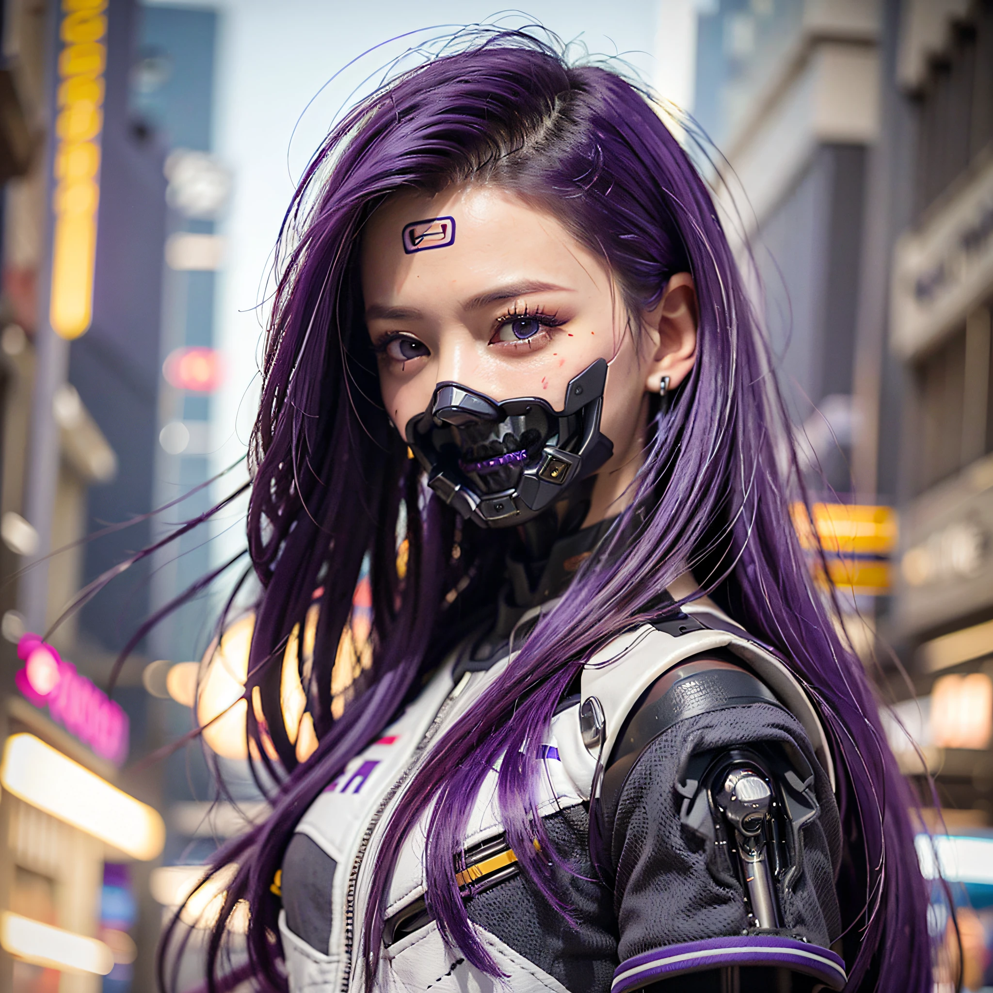 (Photorealistic:1.4), (Best Quality:1.0), (Ultra Resolution:1.0), (8K, RAW Photo), (Masterpiece:0.2), Portrait, Facial Focus,
(Cybernetic_Jawless), mask, mechanical parts, cybernetics, 1 girl, asian girl, jacket, (long hair:1.5), (purple hair:1.5),
Cyberpunk Street background, (neon: 1.2),