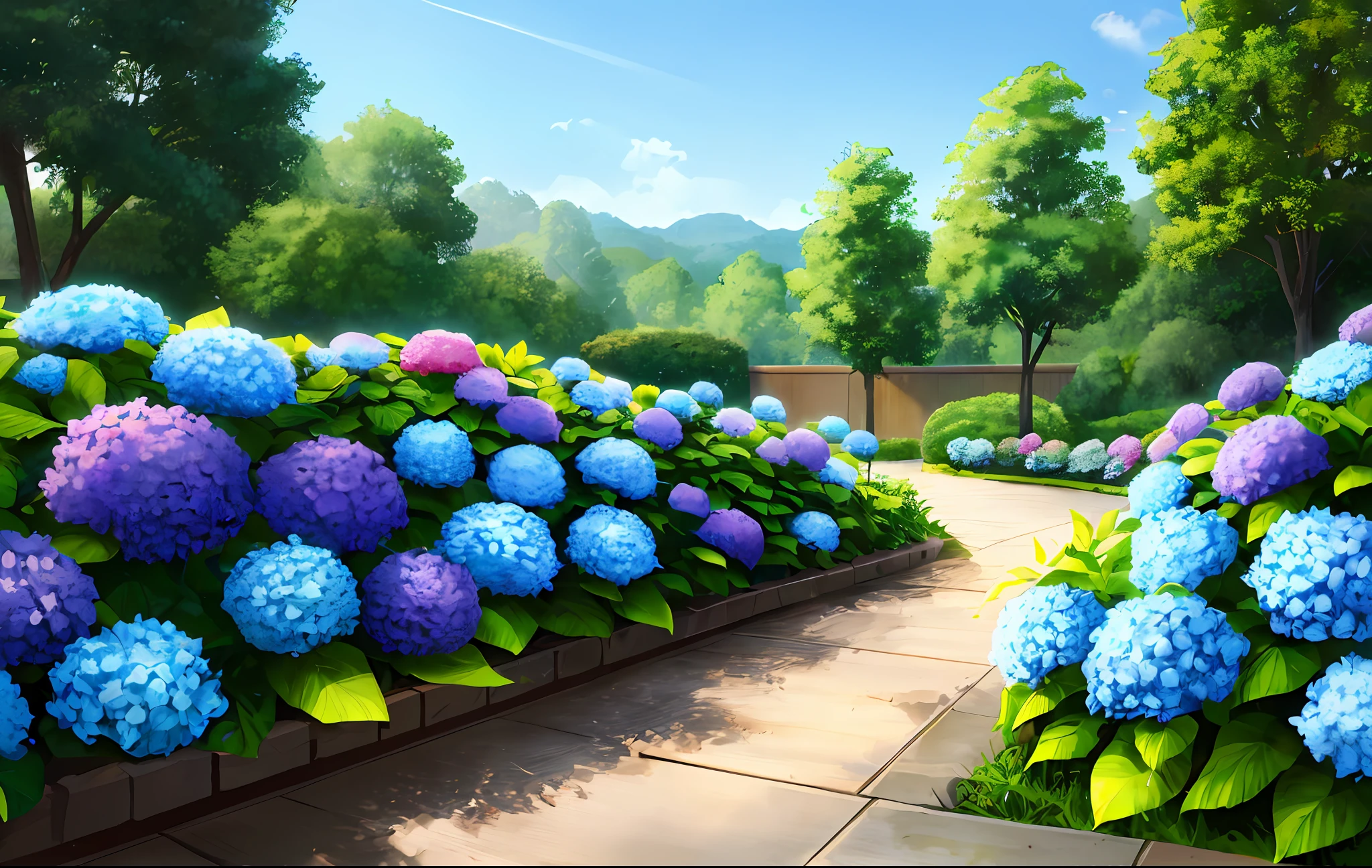 flat design, flat illustration, vector illustration, Illustrations created in Adobe Illustrator, (A serene landscape in June, characterized by the lush beauty of blooming hydrangeas. In the foreground, a pathway winds through a vibrant garden adorned with colorful hydrangea blooms. Their large clusters create a captivating sight, drawing the viewer's attention. The garden is surrounded by abundant green foliage, with tall trees providing a sense of tranquility and shade. In the distance, soft rolling hills stretch towards the horizon, creating a peaceful and serene atmosphere.) It features clean, smooth lines and sharp shapes. Simple design and minimal style, Eliminates unnecessary detail while effectively presenting elements, bright and vibrant colors, Avoid gradations and shadows, Prefer uniform color fills and flat tones, Vector lines and shapes are smooth and crisp,