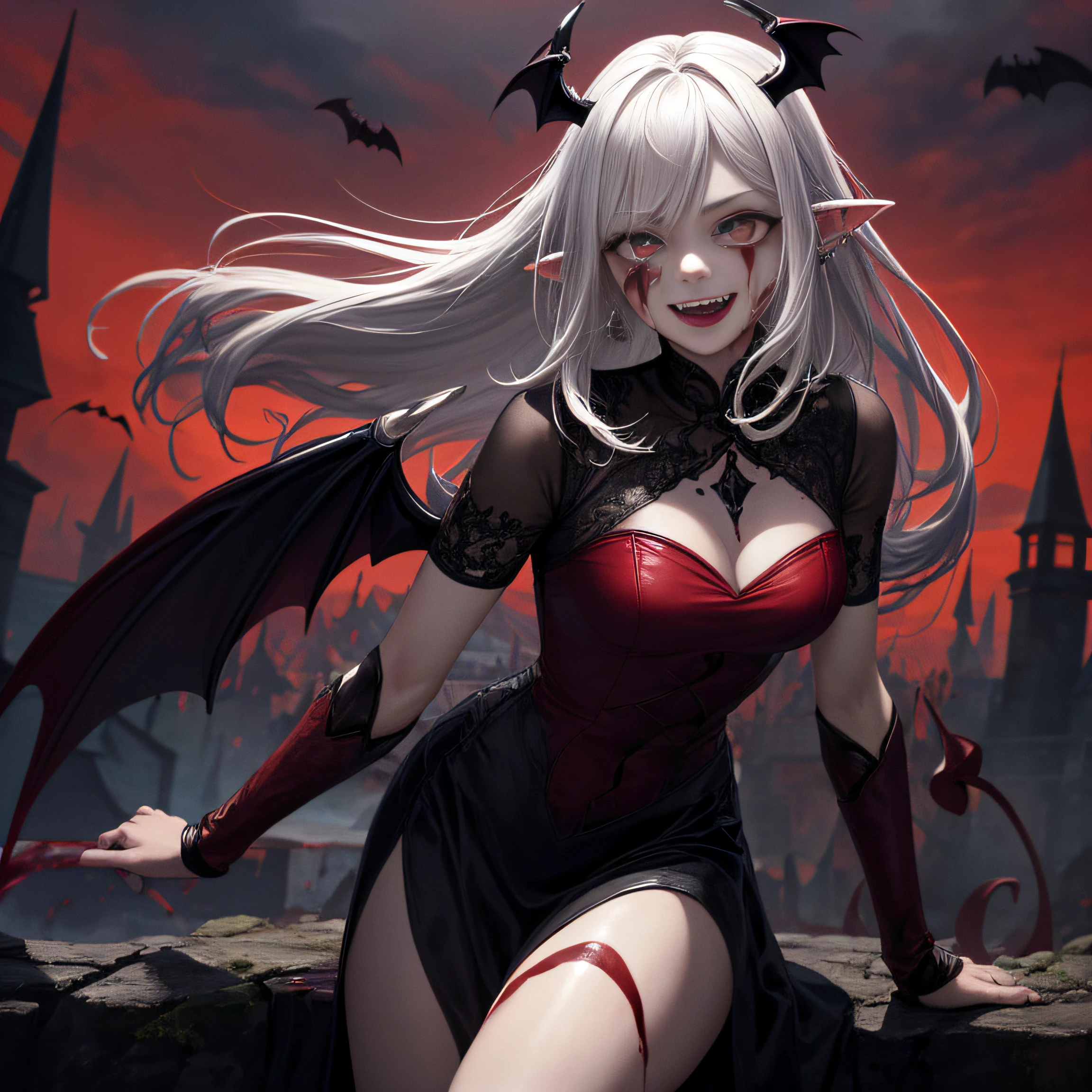 (Masterpieces: 1.2, highest quality), (Best lighting, very delicate and beautiful), (Best lighting, very delicate and beautiful), (Beautiful Detailed Face), (Detailed Eyes and Detailed Faces: 1.2), Fantasy, Vampires, (Young Girl, Little Beast, 1girl, Solo, Crazy Smile, Pale Skin, White Hair, Red Glistening Eyes, Blood Tears, Blood dripping from Fangs, pointy_ears, Fangs, Bat Wings, Demon Horns, ((blood on face))), dynamic angle, dynamic pose, vampire fangs, (get vampire castle in the background), ( red sky),friendly and smiling, peaceful, (depth of field), (blood splash: 1.4), cowboy shot, full body,