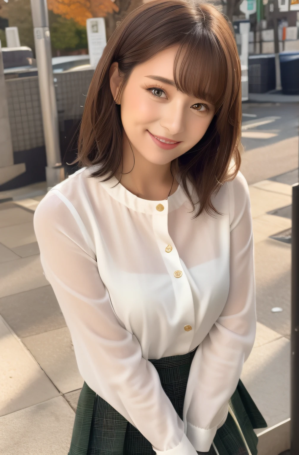 Smiling, white blouse, brown tartan check skirt, autumn leaves