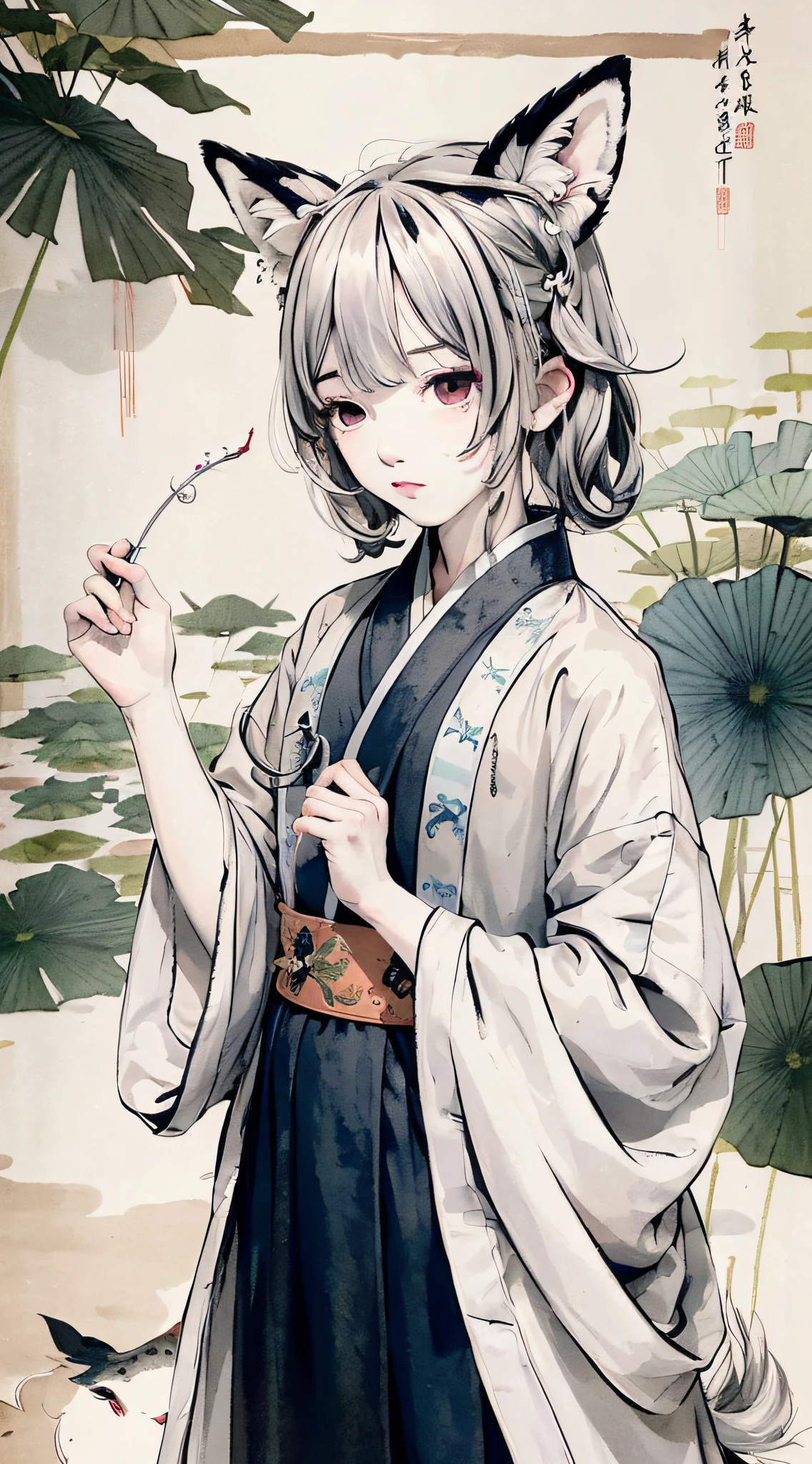 ((4k,masterpiece,best quality)), shuimobysim, traditional chinese ink painting, lotus,  hanfu, maxiskit, dress conservatively
1 boy, solo, white hair, fox ears, white,  fish, many fish near boy, look at viewer, tease,onee-shota,