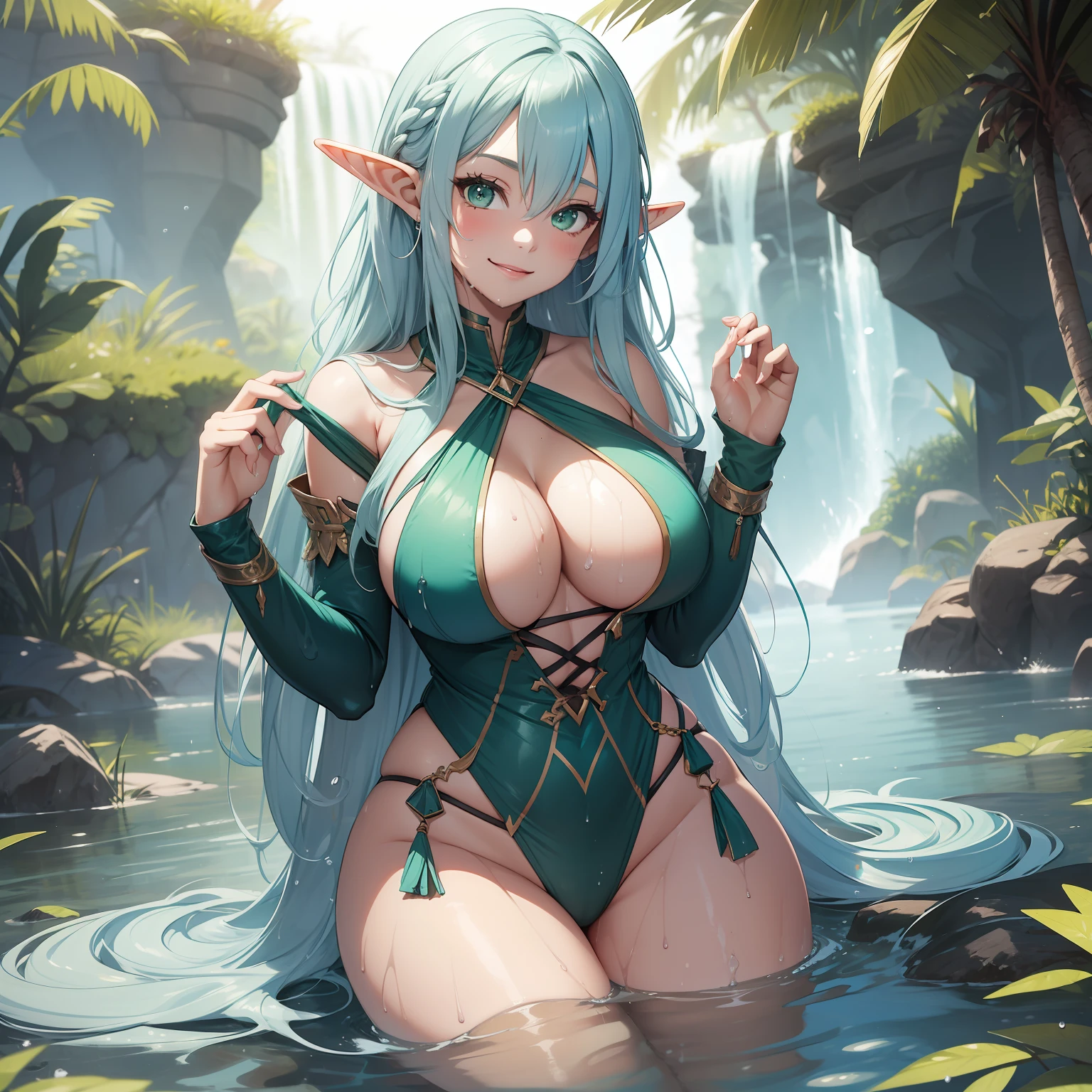 18-year-old girl, long light blue hair, green eyes, beautiful elf, voluptuous figure, revealing clothes of adventurer, wet, flirtatious smile, in a lagoon