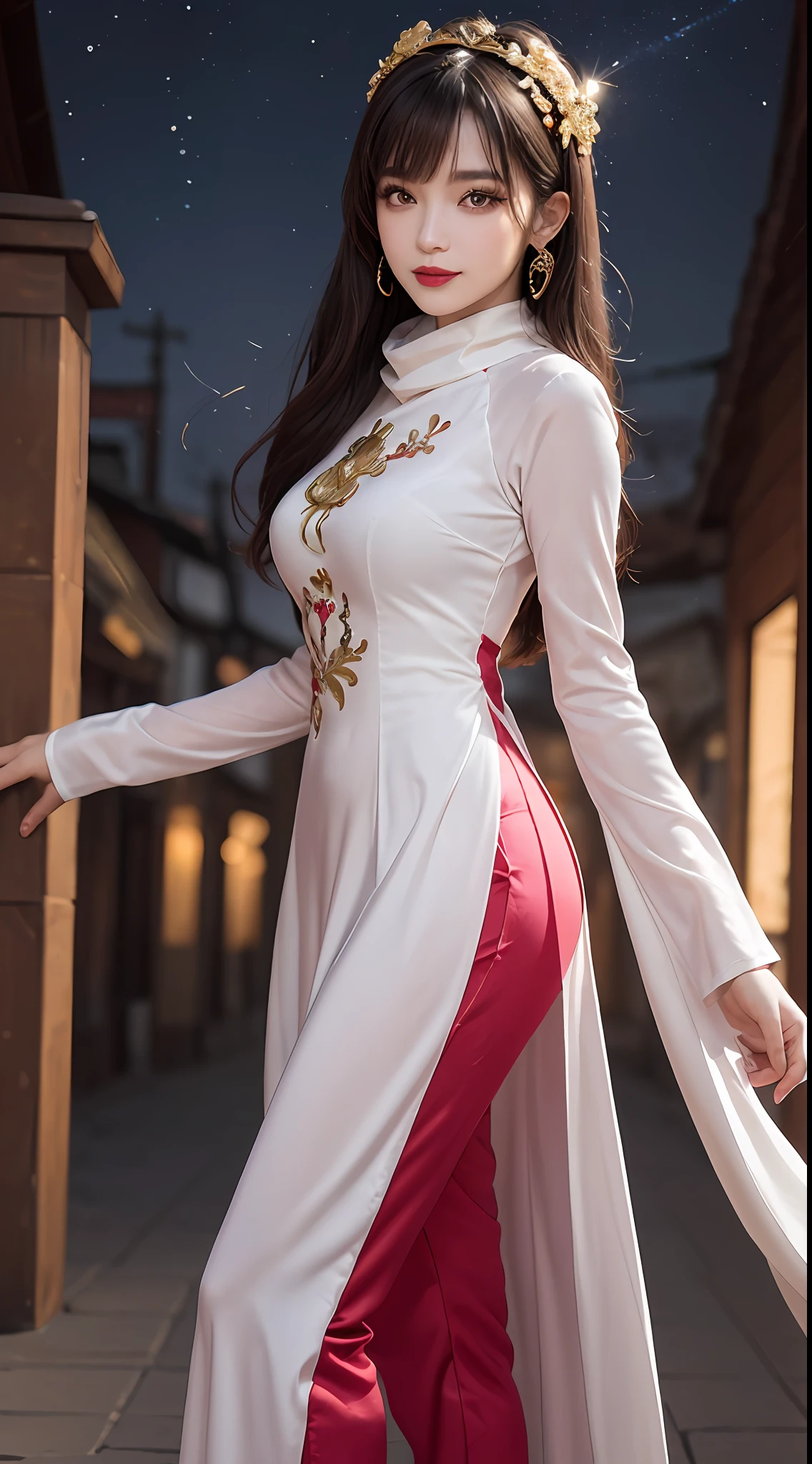 1 27-year-old girl, 1 zodiac goddess from the future, 12 zodiac goddess pink purple, 12 zodiac goddess wearing a long dress and tight red and white silk pants and pants ao dai 12 zodiac with many details in black lace, long dress in thin fabric, mythological goddess of the 12 zodiacs from the future, zodiac ♏, luxury sparkling zodiac style, the dark and mysterious version, the scarf pile of the zodiac that fits the head of the zodiac goddess, the red lipstick, the thin and beautiful lips, the smile that captivates the viewer, the character created by karol bak and pino daeni, chi intricate details, detailed background, extremely detailed, light magic, a woman wearing long silk clothes, clear face, long hair with flat bangs, beautiful face in every detail detailed and well-proportioned eyes, (transparent golden eyes: 1.8), big round eyes and very beautiful and detailed makeup, foresight, long silk clothes, mysterious makeup, side bangs and dyed blonde pale, upper half portrait, zodiac goddess portrait, arms hanging loose, Realistic and vivid photo, (stars that make up the zodiac: 1.7), (fictional zodiac sky background: 1.8), fiction art, RAW photos, hanfu photos, best photos, best quality photos, 8k quality, 8k ulta, super realistic, truest photos,