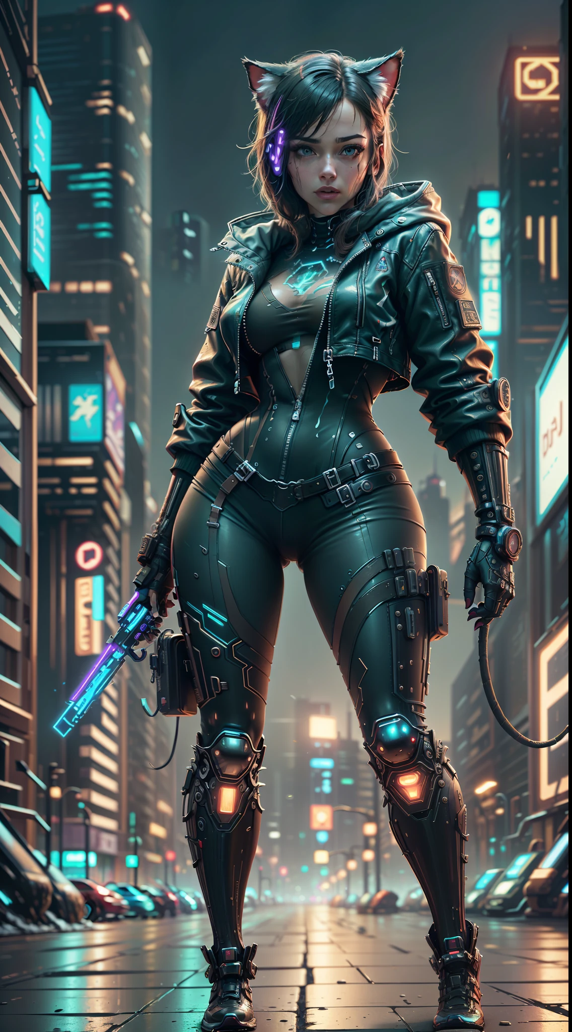 Beautiful full body shot of Reika Shimohira as a Nekomata catgirl, slender body, slender hips, big breasts, wearing full ((heavy cyberpunk armor)) with neon trim, ((leather tech jacket)), cat ears, cat tail, science fiction, cyberpunk city in the background, Gantz, In the Style of Cyberpunk 2077, Ultra realistic photo, masterpiece, best quality, CG, wallpaper, HDR, high quality, high-definition, extremely detailed, {beautiful detailed face}, {beautiful detailed eyes}, (detailed light){{intricate detail}}, {highres}, ((detailed face)), neon light, chiaroscuro, key visual, intricate detail, highly detailed, breathtaking, vibrant, cinematic