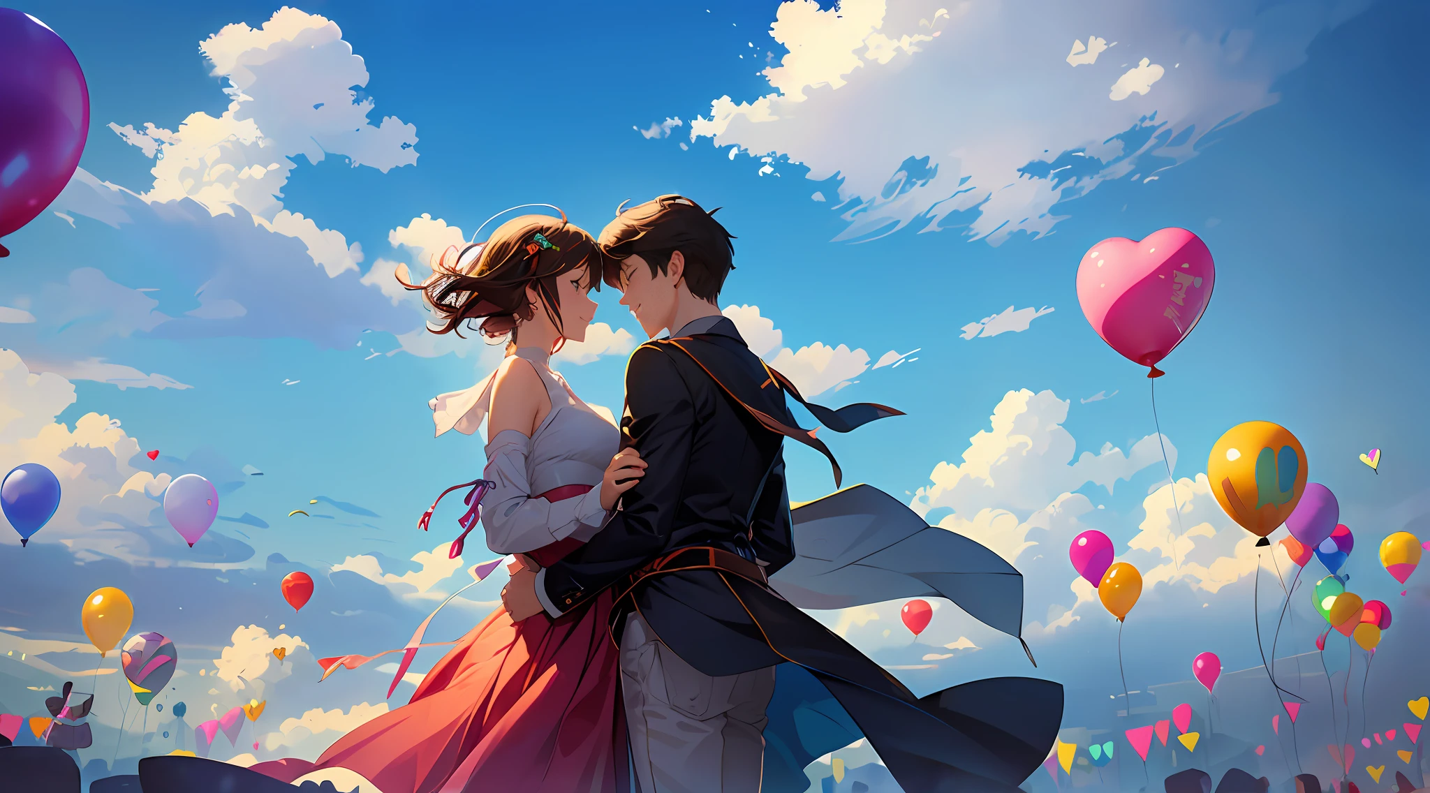 (top quality: 1.5), (super detail: 1.5), (highest quality photo: 1.5), he took the plunge and approached her, holding a balloon in his hand. She replied with a smile. Clutching balloons, the two began to walk through the park.
The wind blew gently, and the balloons left their hands and soared high into the sky. They laughed as they watched, and felt a strange bond.
As the balloon faded into the distance, he involuntarily reached for it. She also reached out to the balloon in the same way. At that moment, their hands touched, and their hearts were also deeply connected.
After that, they continued their adventure with balloons. Each time the balloons gave them courage and they shared happy moments, their love deepened.
Eventually, the balloon ran out of power and took to the sky. Although they felt lonely, memories of balloons were forever etched in their hearts.
The balloon was not just an object, but a symbol of their love and courage. The joy that the little balloon gave them will remain with them forever.