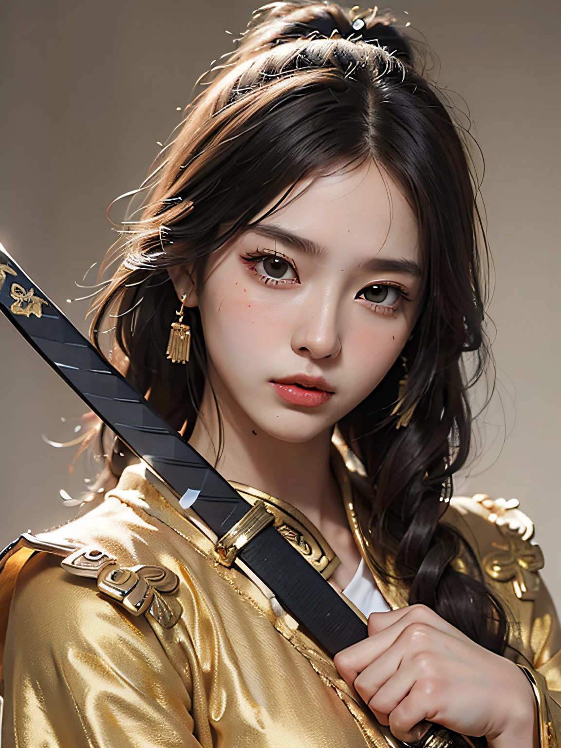 (((holding a Chinese sword, wearing a gold robe))) skin pores, skin blemishes, highly detailed hair, sharp body, highly detailed body, highly detailed skin, highly detailed face, highly detailed eyes ,sharp focus, crazy details, beautiful face, (photo realistic: 1.3),