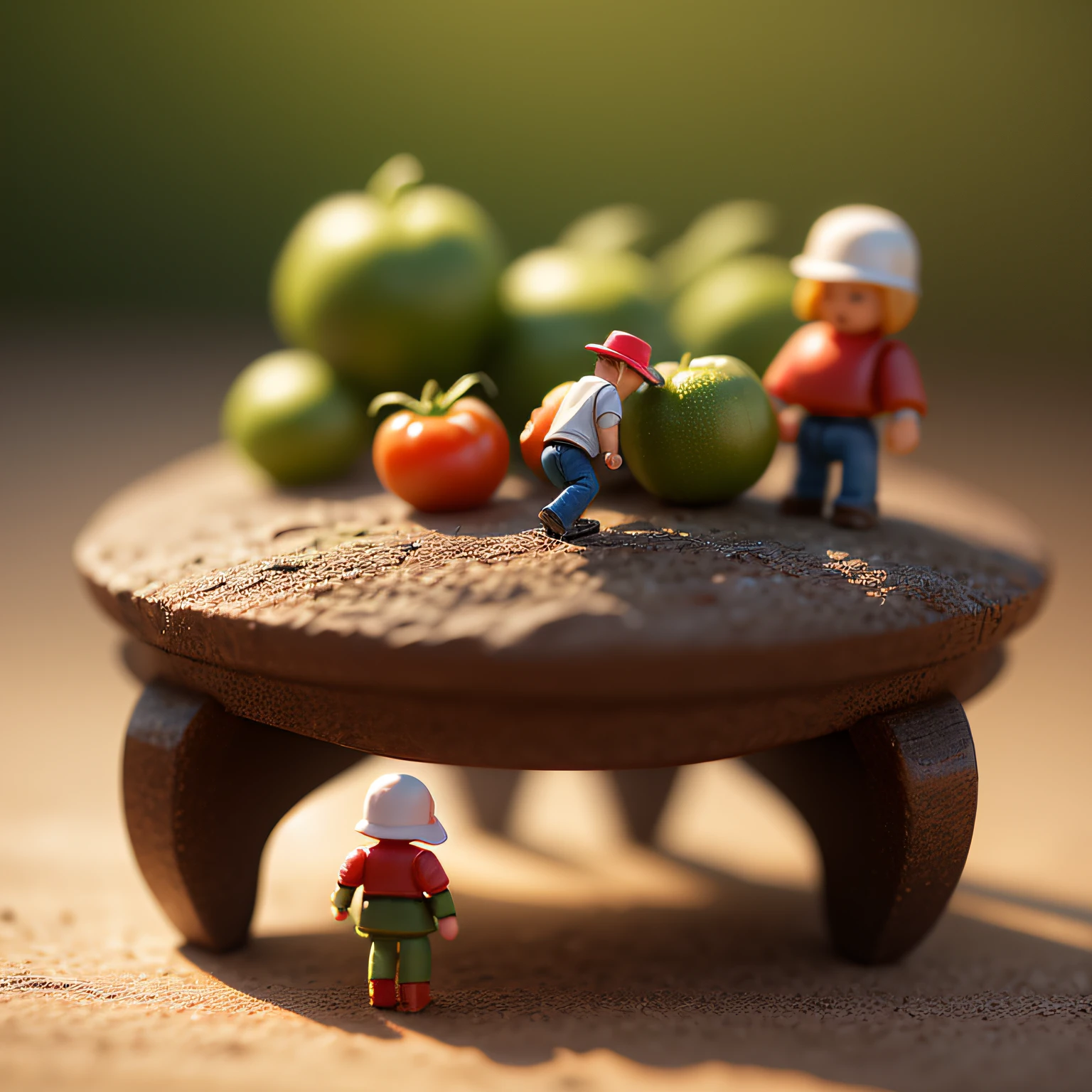 macro photography, some tiny little toy figure are Picking tomatoes, natural light, miniature, blur background, clear details, tilt-shift, isometric, 3d --auto