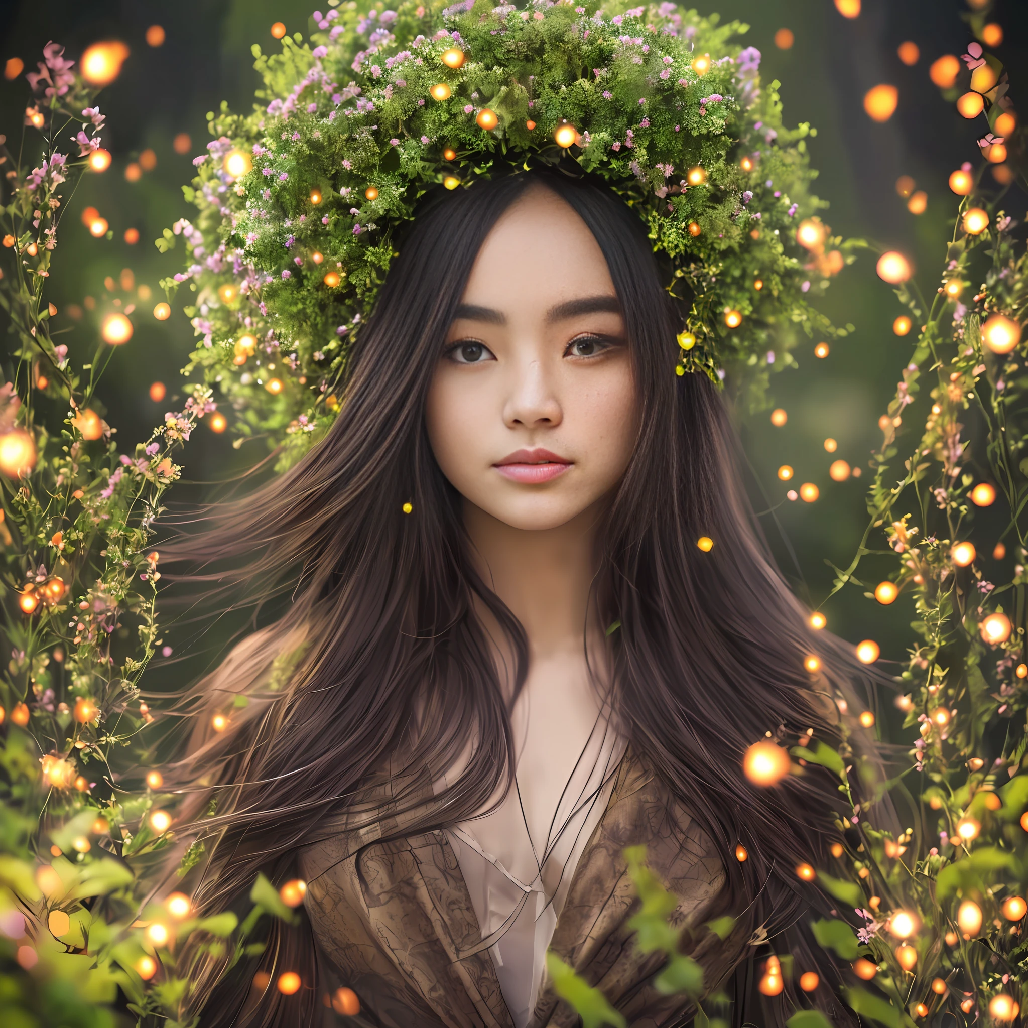1 girl, (((professional photography masterpiece)), (super high quality), ultra high resolution, (original photo: 1.2), (photorealistic: 1.4), super excellent detail, dramatic lighting, high resolution, 8k, absurd, realistic, realistic, fantasy realistic style, low-key luxury lighting atmosphere, biofluorescent lighting,
Dark green magical rainforest landscape in the night moonlight, bioluminescent flowers, bioluminescent mushrooms, flower punk, flower core, bokeh dewdrops, fireflies murmur ::4 Warm faint orange light dots on the windows of multiple scattered wooden shelters in the distance ::2 A young sexy adult black mixed-race beautiful woman in the foreground faces the camera ::5 Elegant and seductive mixed-race black woman wearing an ethereal sexy handmade dress, and rainforest haute couture custom rococo leather boots with studs, Highly detailed garment details, and ethereal headwear that blends perfectly with the content and texture of the surroundings, Bioluminescent Bloomcore ::5 Tilt Shift, Realism, Ethereal Lighting, Moonlight, Virtual Engine, Methane Rendering, Ray Tracing, Digital Fashion Photography, Asymmetry :::2 Arts and Crafts, Symmetry, Center ::-1 --ar 4:7 --v 5.1 --auto