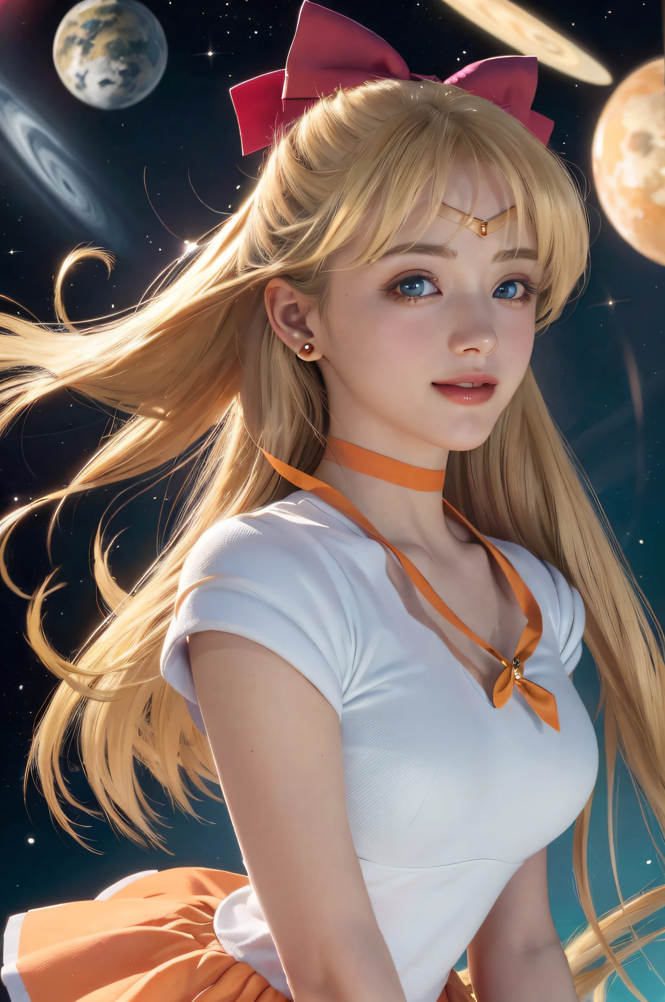 ((HD Real, SAMA1 level)), Extreme Real, Masterpiece, Best Quality, High Definition, SAMA1, Space, Stunning Beauty, Upper Body Photography, 1 Girl, Chest, Gloves, Lips, Solo, Sailor Venus, Light Blue Eyes, SM Uniform, mer1, Tiara, Sailor Senshi Uniform, (RAW photo, best quality), Masterpiece, Floating blonde long hair, red ribbon on the back of the head, Orange sailor color, bow, choker, white gloves, orange choker, elbow gloves, jewelry, earrings, orange skirt, sole, full body, blonde hair, (perfect hands): 3.8, octane rendering, goddess of love, (close-up: 1.2) finely detailed beautiful eyes, close-up, small eyes, look viewer, to8contrast style, Octane line art, space background, Venus, light effect, orange, beautiful smile, lowered hand