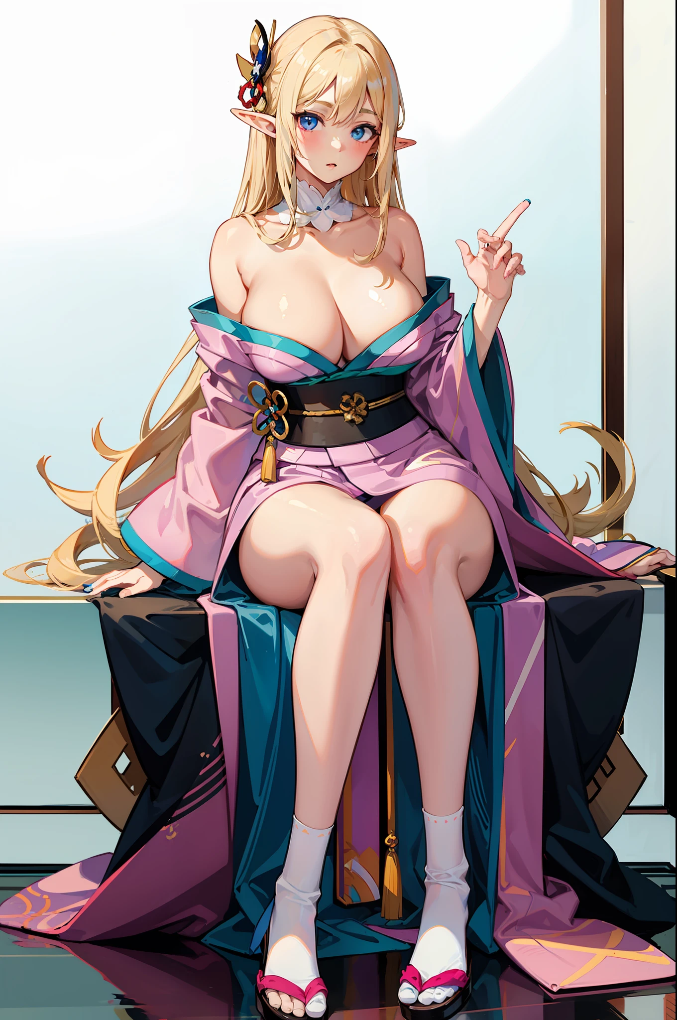 Elf, big breasts, pretty, white skin, blue eyeballs, blonde hair, white socks, pink geisha kimono