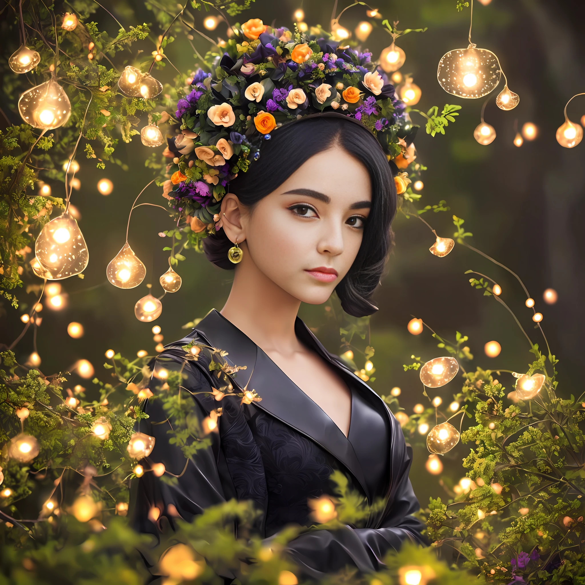 1 girl, (((professional photography masterpiece)), (super high quality), ultra high resolution, (original photo: 1.2), (photorealistic: 1.4), super excellent detail, dramatic lighting, high resolution, 8k, absurd, realistic, realistic, fantasy realistic style, low-key luxury lighting atmosphere, biofluorescent lighting,
Dark green magical rainforest landscape in the night moonlight, bioluminescent flowers, bioluminescent mushrooms, flower punk, flower core, bokeh dewdrops, fireflies murmur ::4 Warm faint orange light dots on the windows of multiple scattered wooden shelters in the distance ::2 A young sexy adult black mixed-race beautiful woman in the foreground faces the camera ::5 Elegant and seductive mixed-race black woman wearing an ethereal sexy handmade dress, and rainforest haute couture custom rococo leather boots with studs, Highly detailed garment details, and ethereal headwear that blends perfectly with the content and texture of the surroundings, Bioluminescent Bloomcore ::5 Tilt Shift, Realism, Ethereal Lighting, Moonlight, Virtual Engine, Methane Rendering, Ray Tracing, Digital Fashion Photography, Asymmetry :::2 Arts and Crafts, Symmetry, Center ::-1 --ar 4:7 --v 5.1 --auto