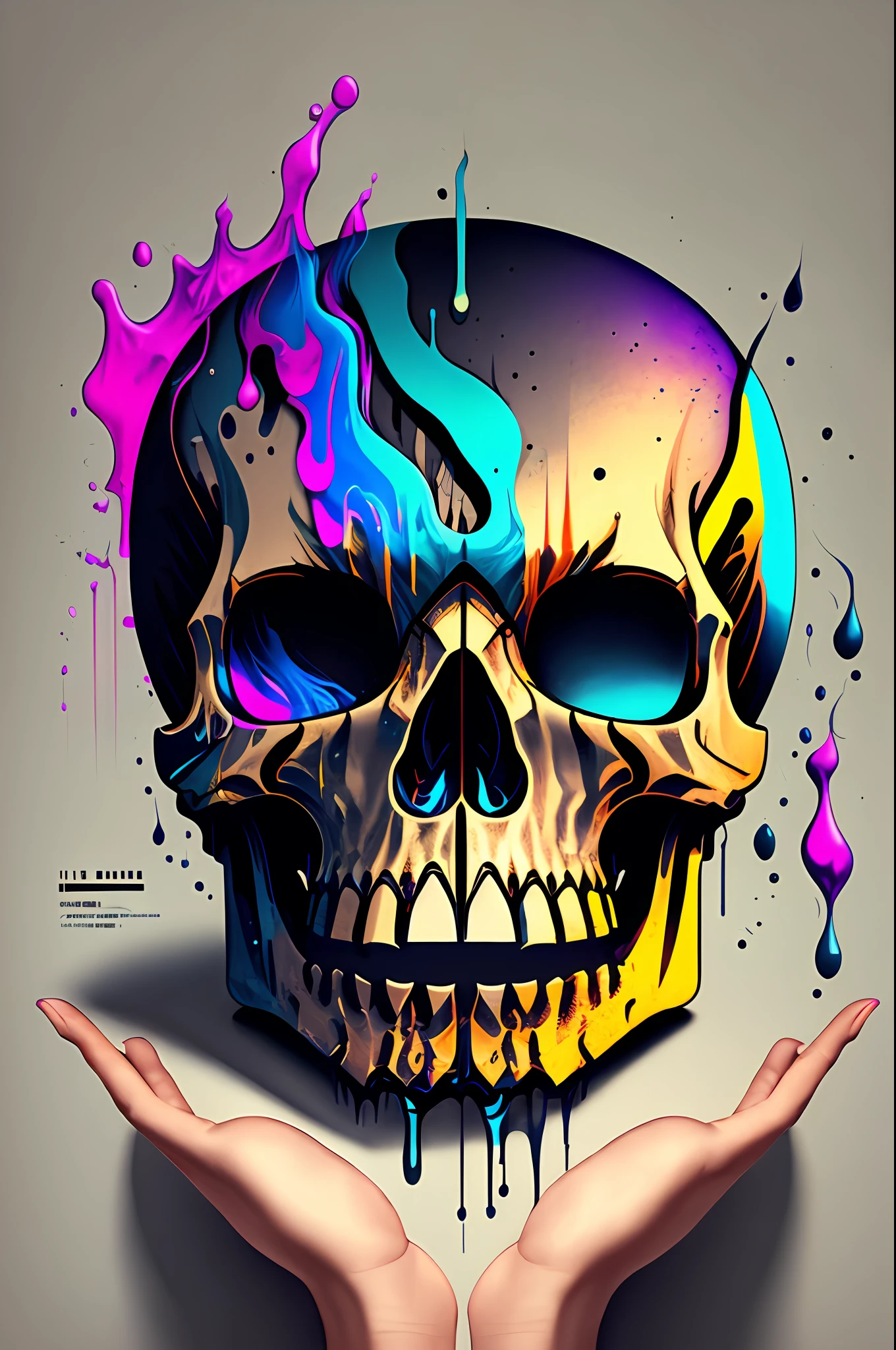 (a portrait of Cyberpunk Skull with colorful fluid l:1) , t-shirt logo in the style of tapered fine outline, orthographic-view, art on (empty background:1.4)Hands, --auto