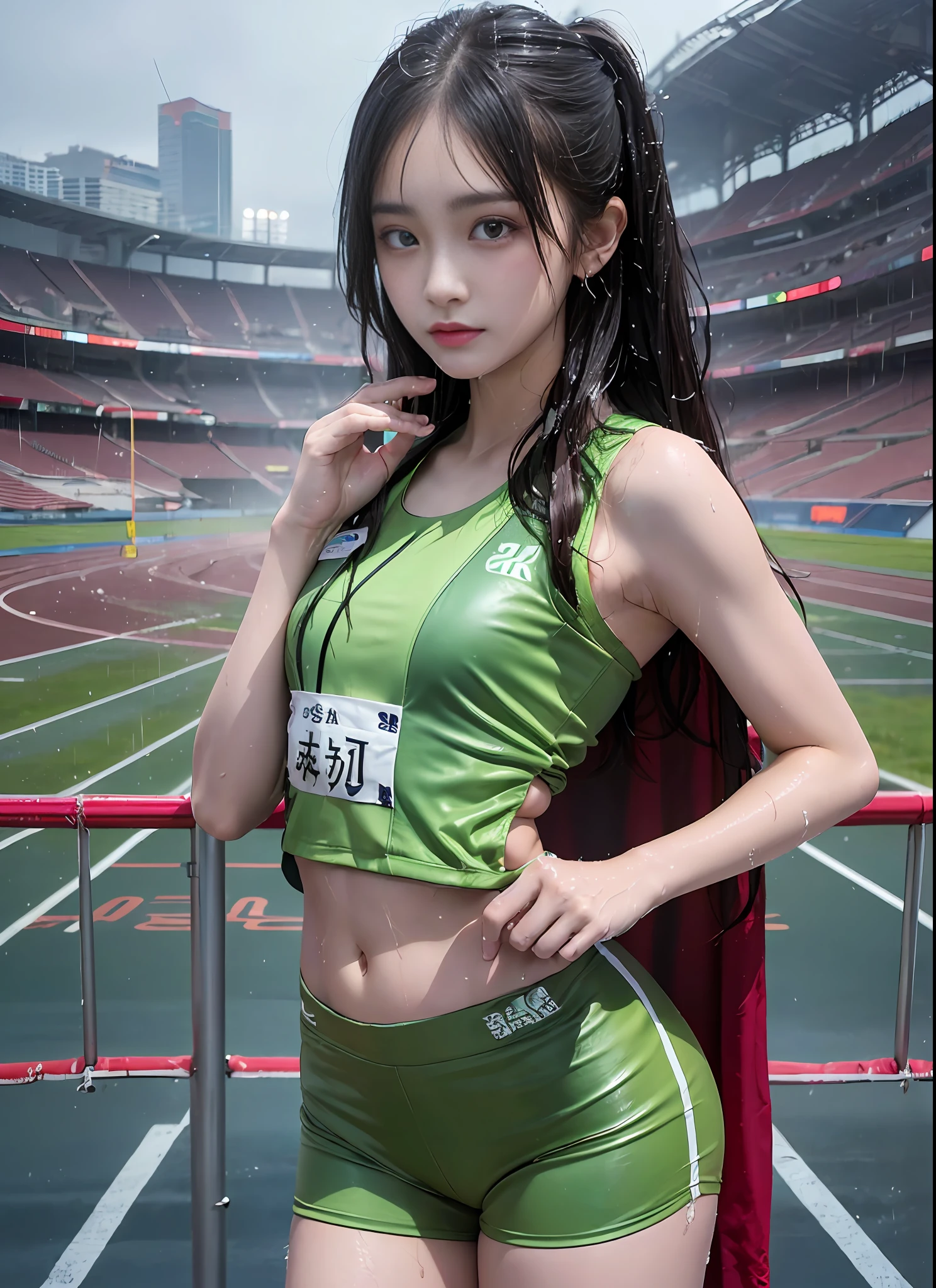 1 woman, 8k, RAW photos, (top quality, masterpiece, intricate details: 1.4), (realistic, realistic: 1.3), (realistic: 1.3), realistic, Chinese female track and field athletes, (rainy days)), ((woman standing on the stadium track: 1.8)), (beautiful women like Chinese actresses), (heavy rain), (((thin track and field team vest)), (light track team vest), (track and field team vest, wet by rain and visible through the skin), Track and field team vest stuck to rain-wet skin, wet colored bloomers, (wet hair), (wet bangs), wet skin, (transparent protrusion), 18 years old, (small face: 1.5), (nervous expression), light makeup, thin eyebrows, detailed and beautiful face, detailed eyes, (tear bag: 1.5), detailed fingers, detailed legs, detailed skin, medium breasts, shiny hair, shiny skin, shiny skin, wet hair, wet skin, wet drip vest,