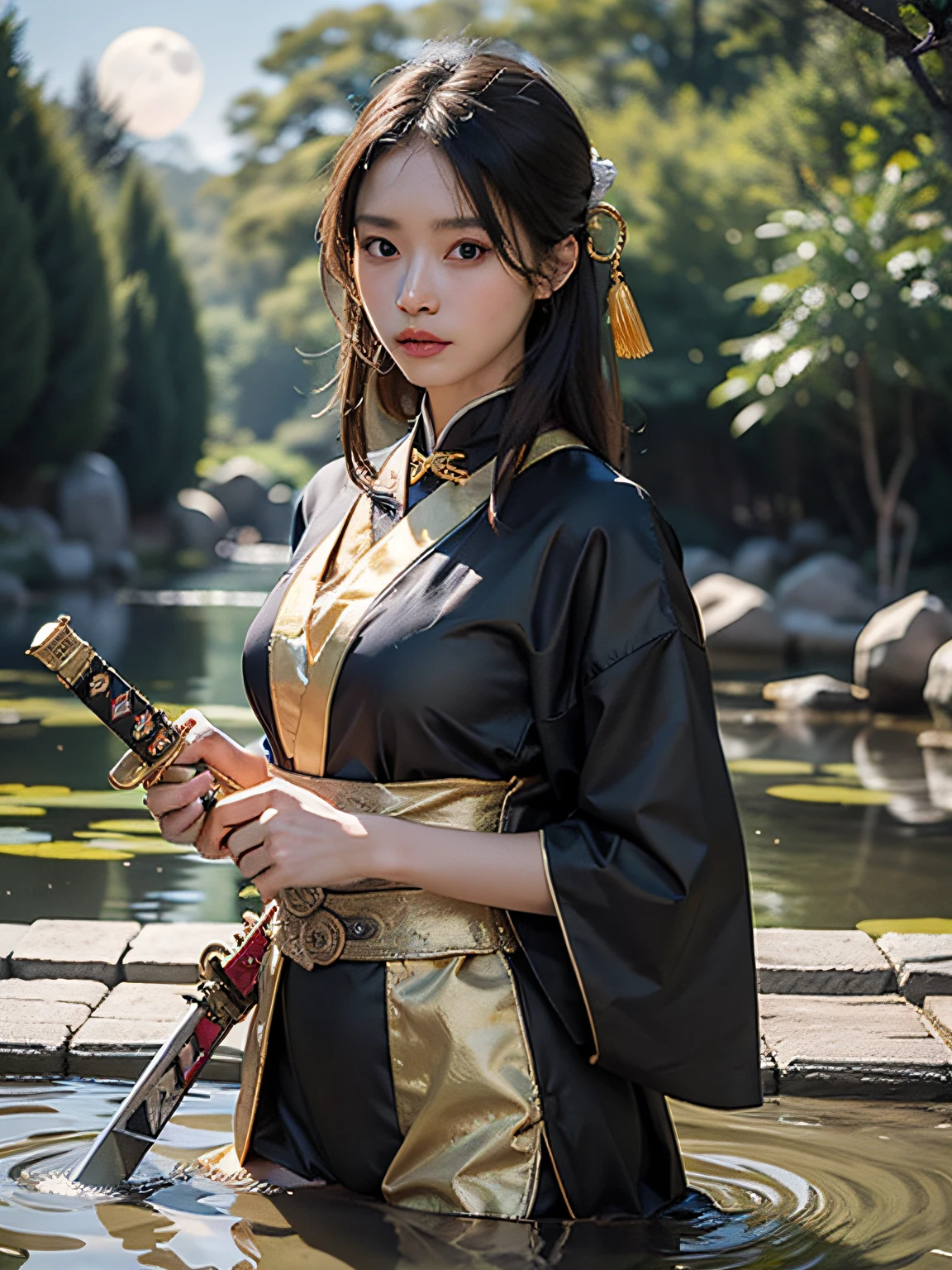 (((Holding a Chinese sword used by the Wudang faction, wearing a gold silk robe, a beautiful woman in Chinese pond costume))) (((Right hand holding sword, left finger moon))))Skin pores, skin blemishes, highly detailed hair, sharp body, highly detailed body, highly detailed skin, highly detailed face, highly detailed eyes ,sharp focus, crazy details, beautiful face, (photo realistic: 1.3),