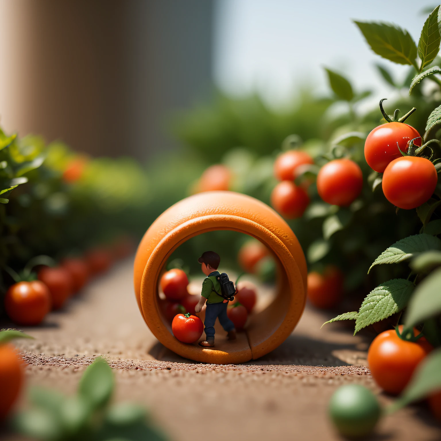 macro photography, some tiny little toy figure are Picking tomatoes, natural light, miniature, blur background, clear details, tilt-shift, isometric, 3d --auto
