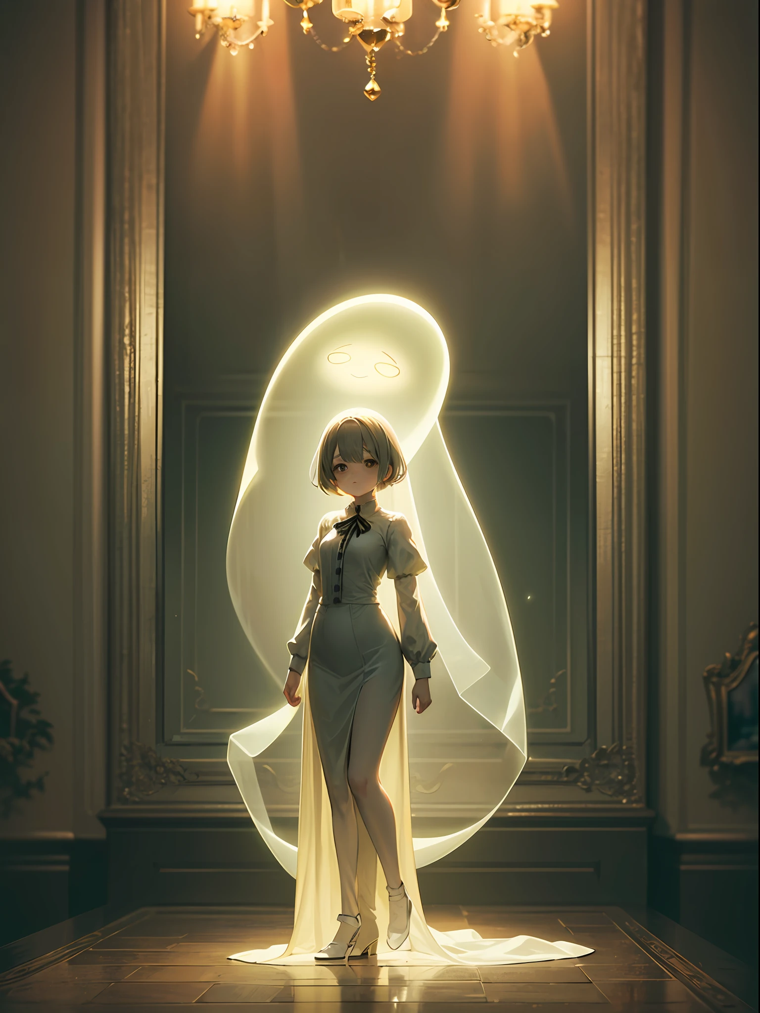 A ghost who lives in a mansion. kawaii girl A dimly glowing body. Translucent girl.