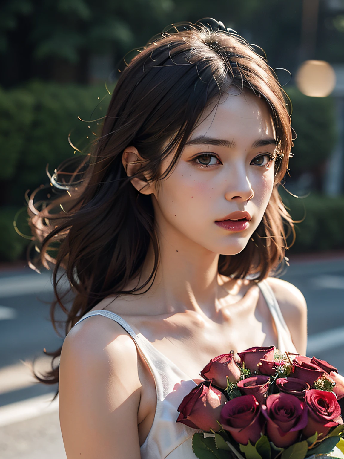 Holding a bouquet of red roses and wearing a gold thread, skin pores, skin blemishes, highly detailed hair, sharp body, highly detailed body, highly detailed skin, highly detailed face, highly detailed eyes ,sharp focus, crazy details, beautiful face, (photo photorealistic:1.3), edge lighting, (high detail skin: 1.2), 8k ultra hd, DSLR, high quality, high resolution, 4k, 8k, bokeh, absurd, optimal ratio of four fingers and one thumb, (Realistic: 1.3)