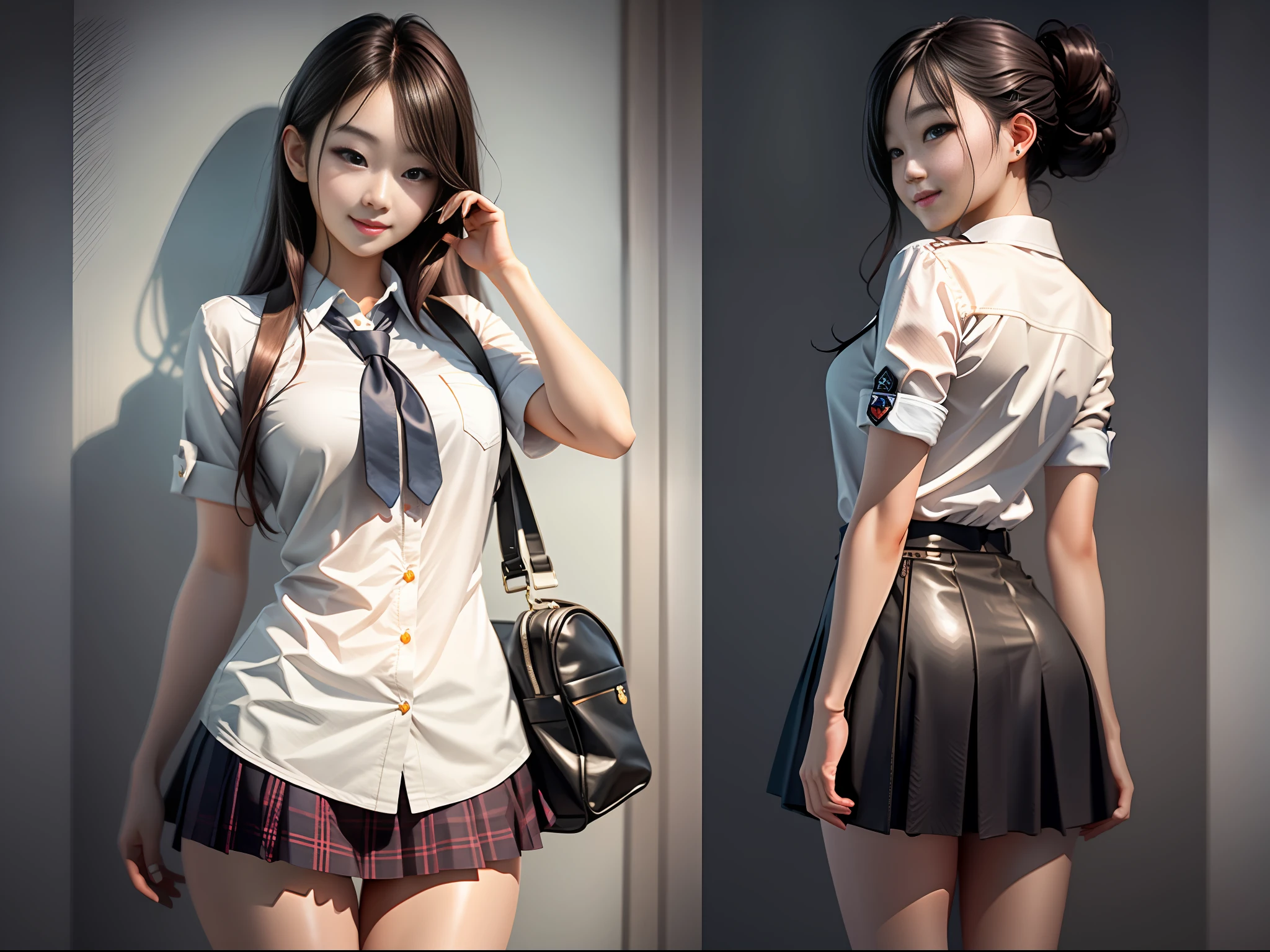 masterpiece, ultra high quality, ultra high definition, 8K, totally realistic, Korean girl, extremely beautiful, alone, full body, highly detailed face, fully detailed eyes, perfect eyes, perfect features, very beautiful body, perfect body, cheerful smile, wearing school uniform