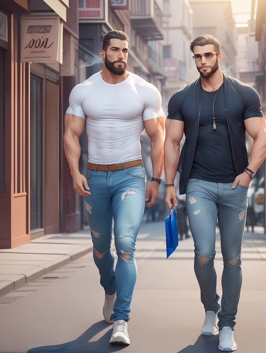 (Highest quality, amazing details: 1.4), masterpiece, original characters, natural volumetric lighting and better shadows, deep depth of field, sharp focus, portrait of 2 very distinctive men, 40 years incredibly fitted muscles, 2 distinctive men walking, different ethnicity, full body, insanely handsome face manly, beard, attractive with clear eyes, smart smile, shaggy short gray hair, smoking, white tight shirt, jeans, (messy painted body: 1.05), (alley background with people cars shops: 1.15), shopping street, (standing with arms crossed: 1.2), picturesque, overexposure, photorealism, photorealistic, sharp, focused, centered, sensual, HD, 8k, DSLR, RAW --auto --s2