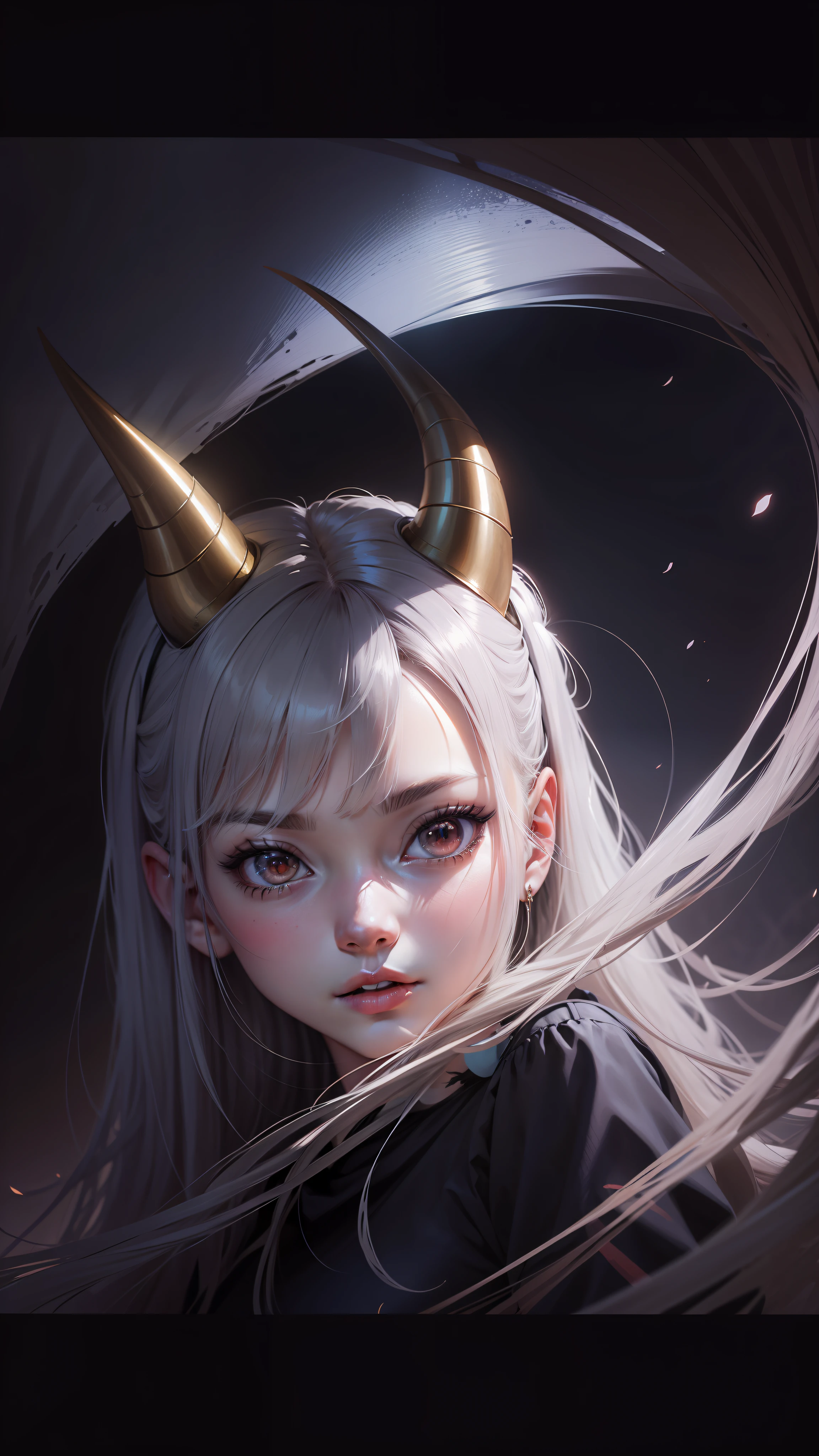 anime - style illustration of a 21-year-old woman with small demon horns