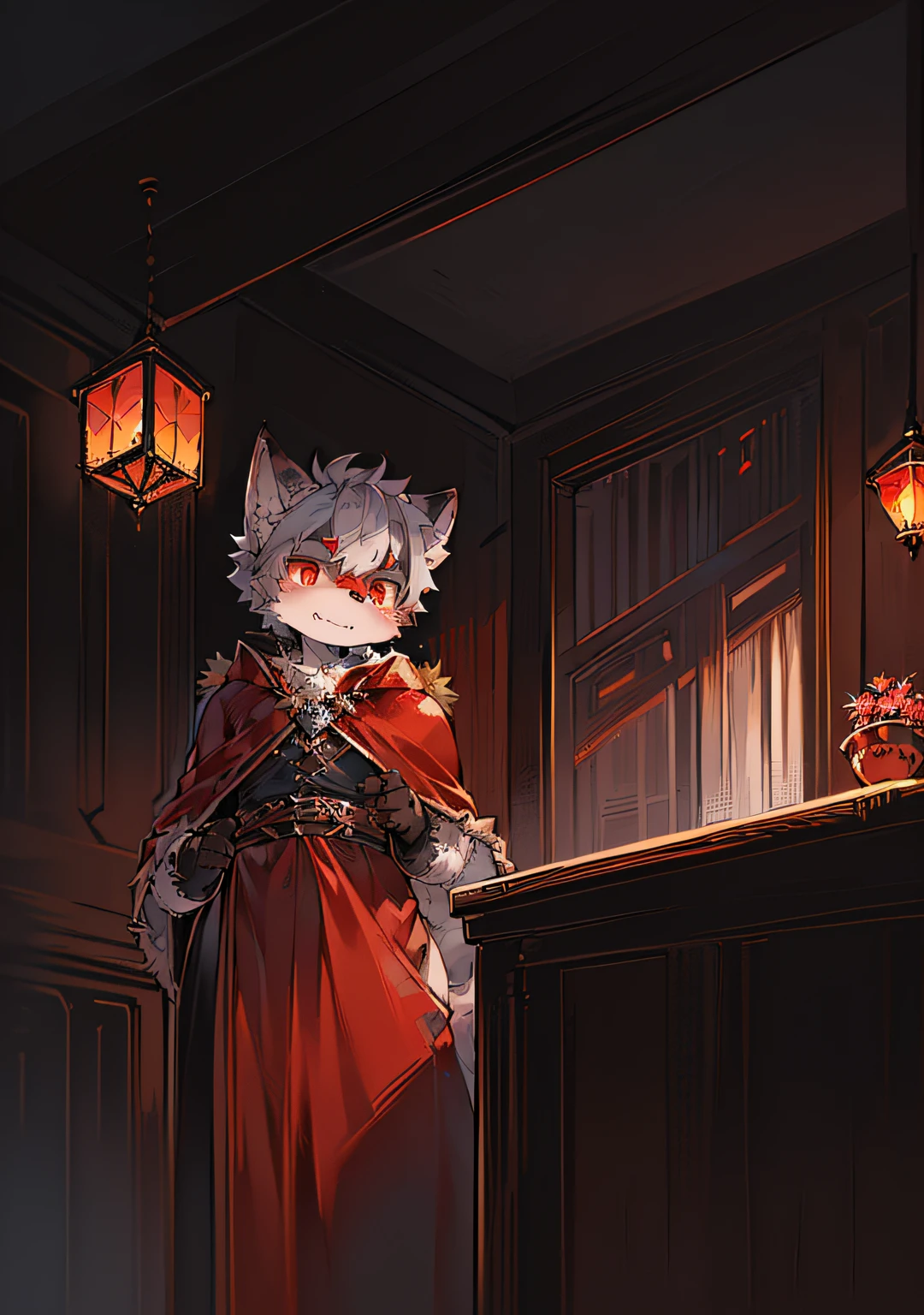 (dark environment:0.8),masterpiece, high quality, absurd res, digital painting \(artwork\), by dagasi, yupa,kiyosan,(anthro,fluffy fur,character focus:1.1),anthro male cat,short hair,portrait, bright eyes,panorama,character focus.(detailed background:0.7),solo,furry,furry male ,male focus,anthr,(Full body fur, fluffy tail, white fur,red eyes,gray hair:1.2),(long canines,vampire, cape:1.2),(interior,night, castle, coffin:1.1)