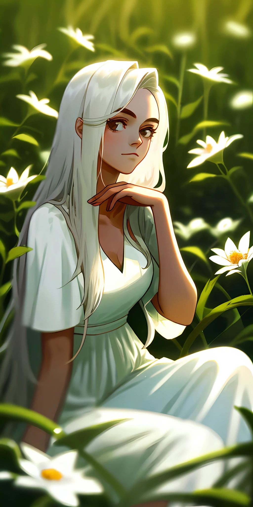 (masterpiece, best quality), 1 naked thin young woman with long white hair sitting in a field of green plants and flowers, hand under chin, warm lighting, white dress, blurred close-up