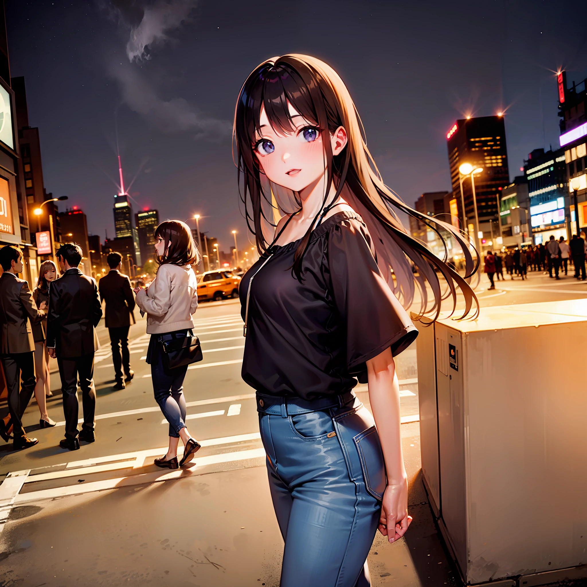 city, night, japan, tokyo, shibuya cross road, womman, beauty, cute, mature, casual, see up, tilting face, wide lens, taken with fuji film camera, hdr