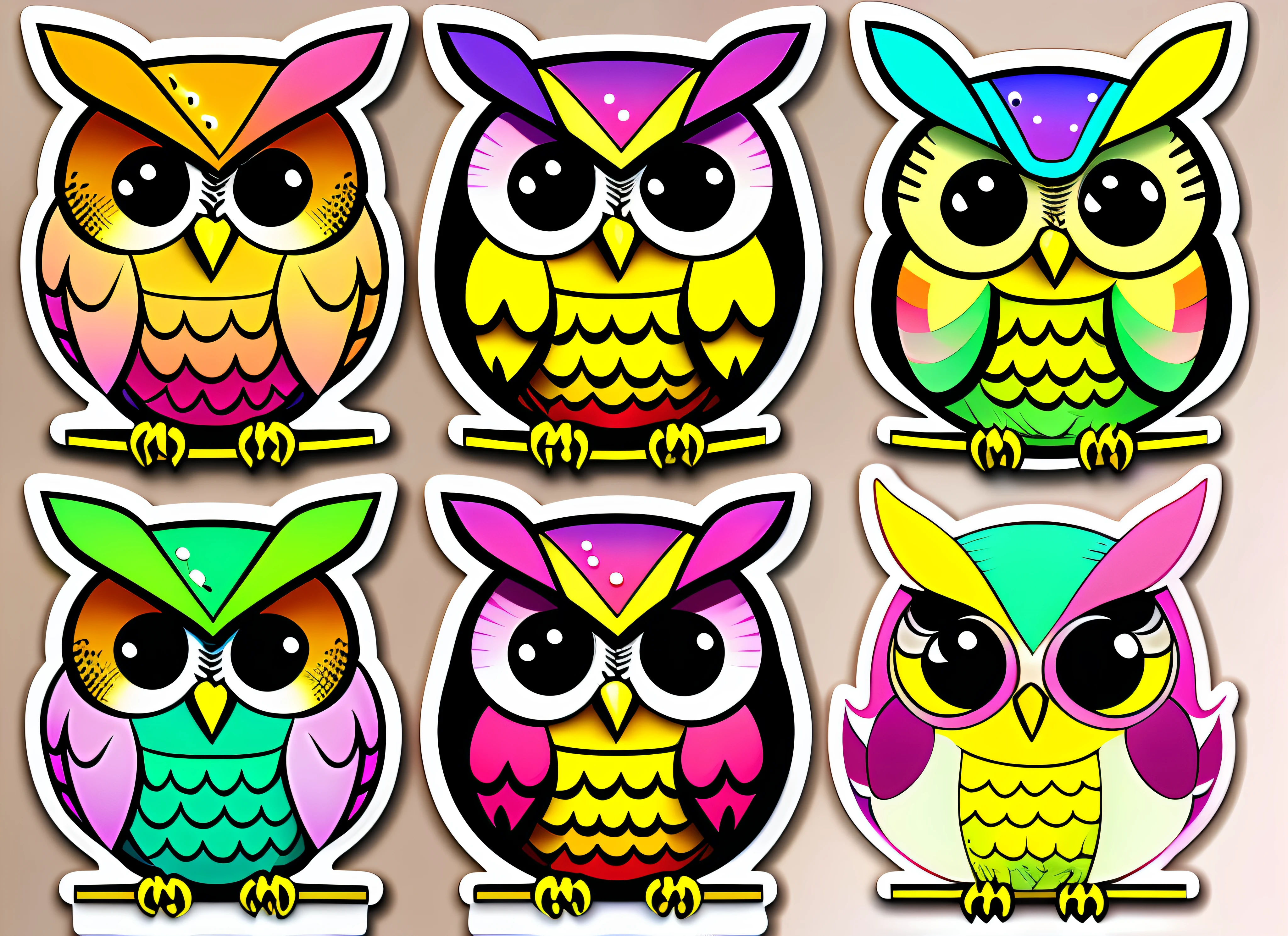 sticker, Happy Colorful Owl wearing Headohones, kawaii, contour, vector, white background --auto --s2