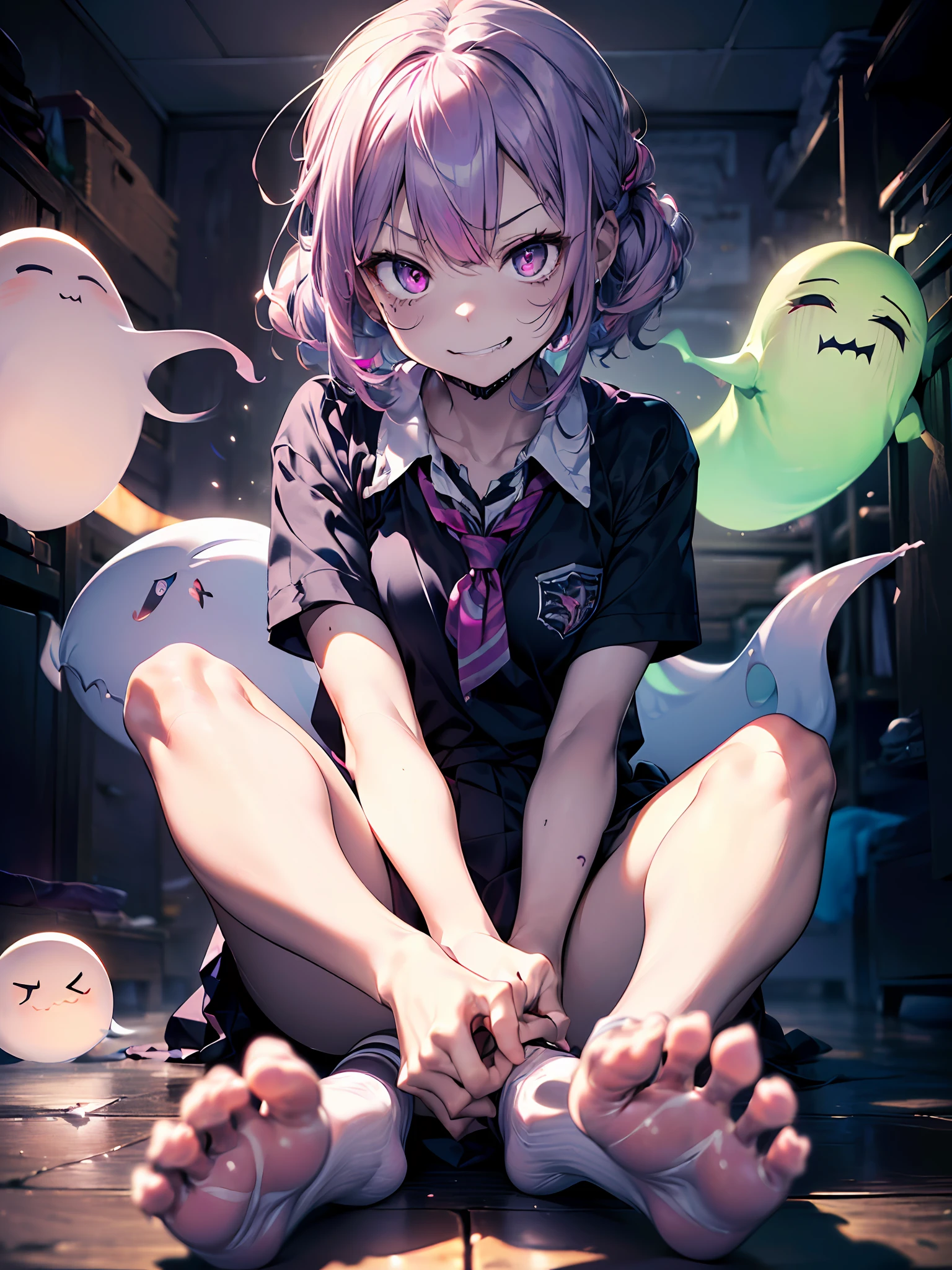 ((hyper super ultra detailed perfect piece)),illustration,masterpiece,(extremely detailed CG 8k),(scary mental attack),(very fine 8K CG),((cute girl,carnage,light purple hair,pink eye,smirk,wearing school uniform,leg,foot,full body)),((scary ghost creature)),(scary nightmare creature),((buddy nightmare ghost creature)),(phantom creature),((nightmare background))