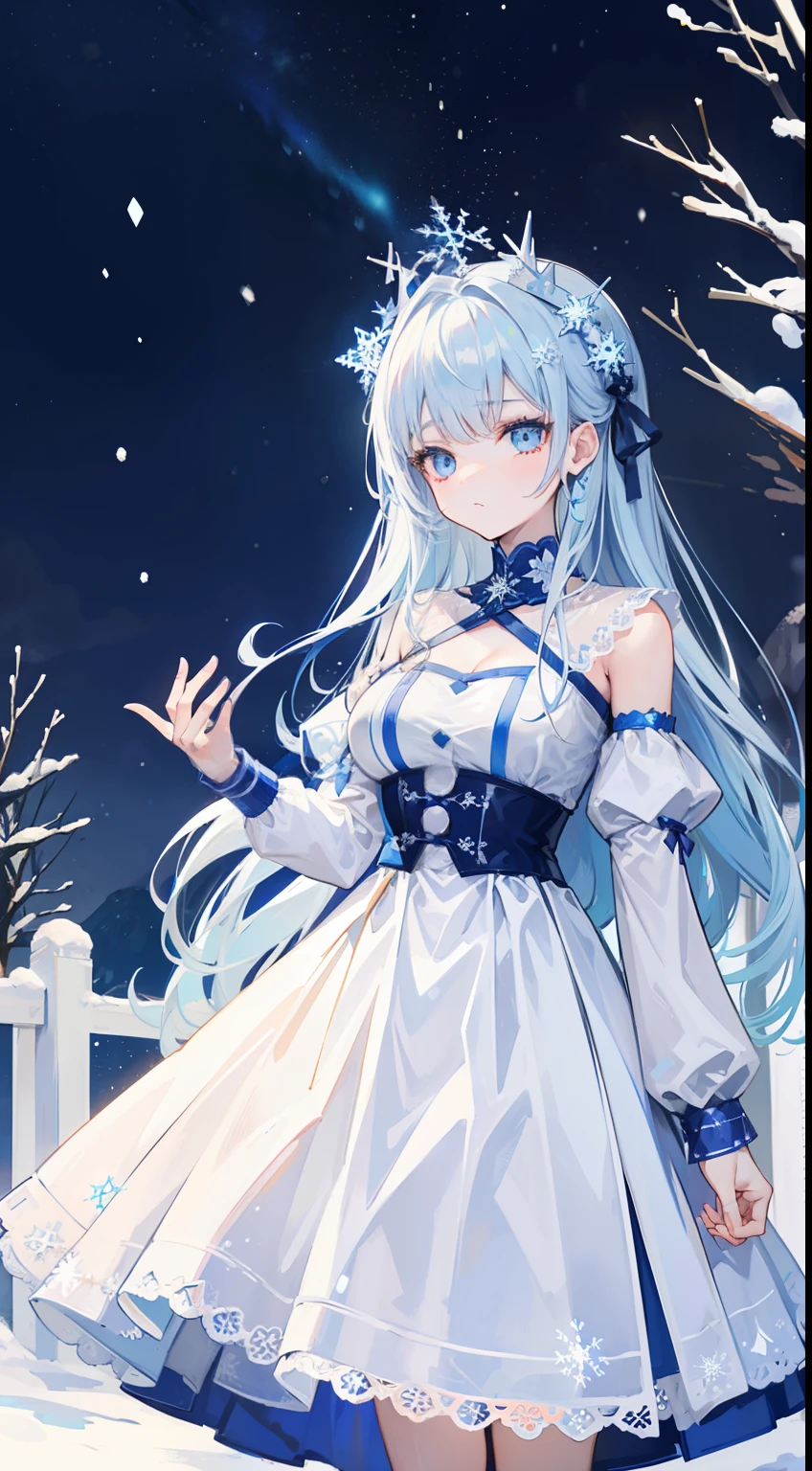 Very mature girl, blue and white super long hair, light blue eyes, snowflake pattern pupils, blue and white and snowflake pattern super long skirt, the whole picture is snowflake, snow, starry sky, special effects, serious