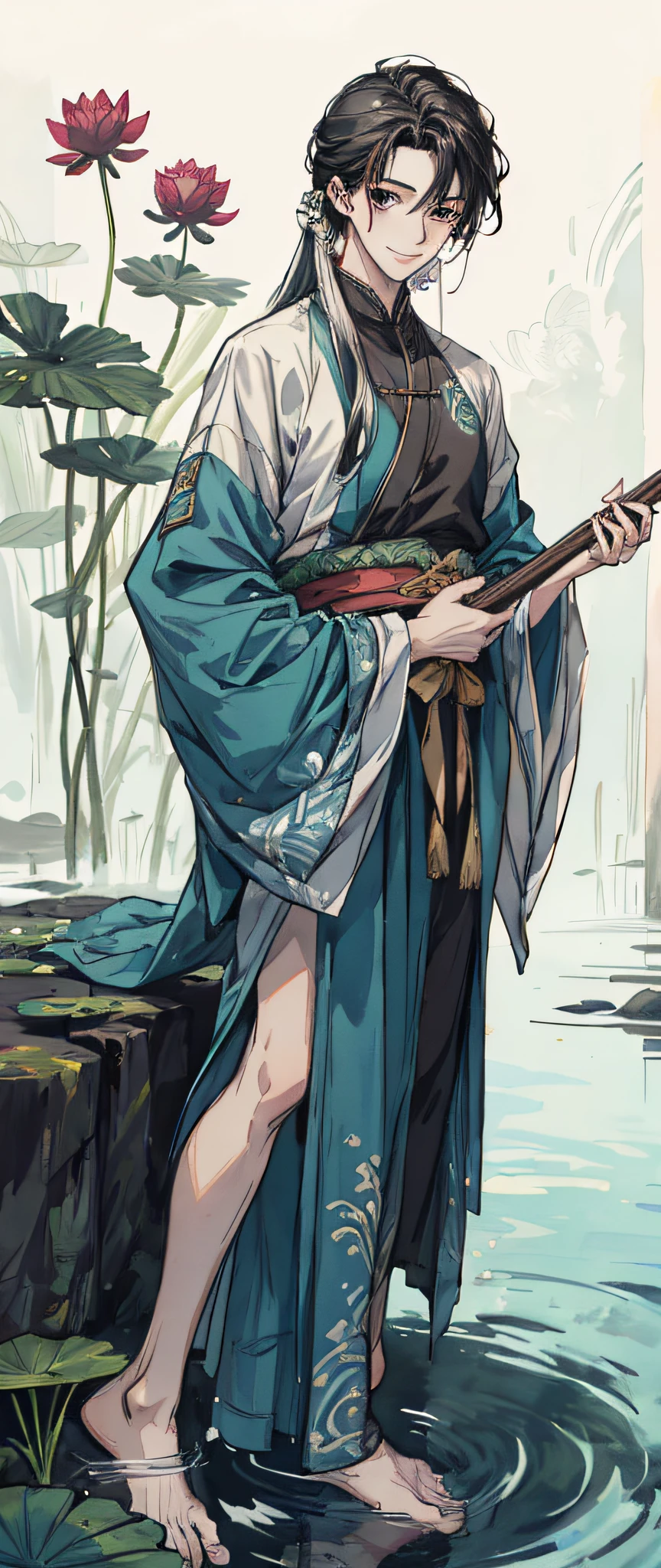 ((4k,masterpiece,best quality)), shuimobysim, Chinese painting, lotus, hanfu, maxiskit, dress conservatively 1boy, solo, man tied hair, smile, standing, feet in the water, barefoot,